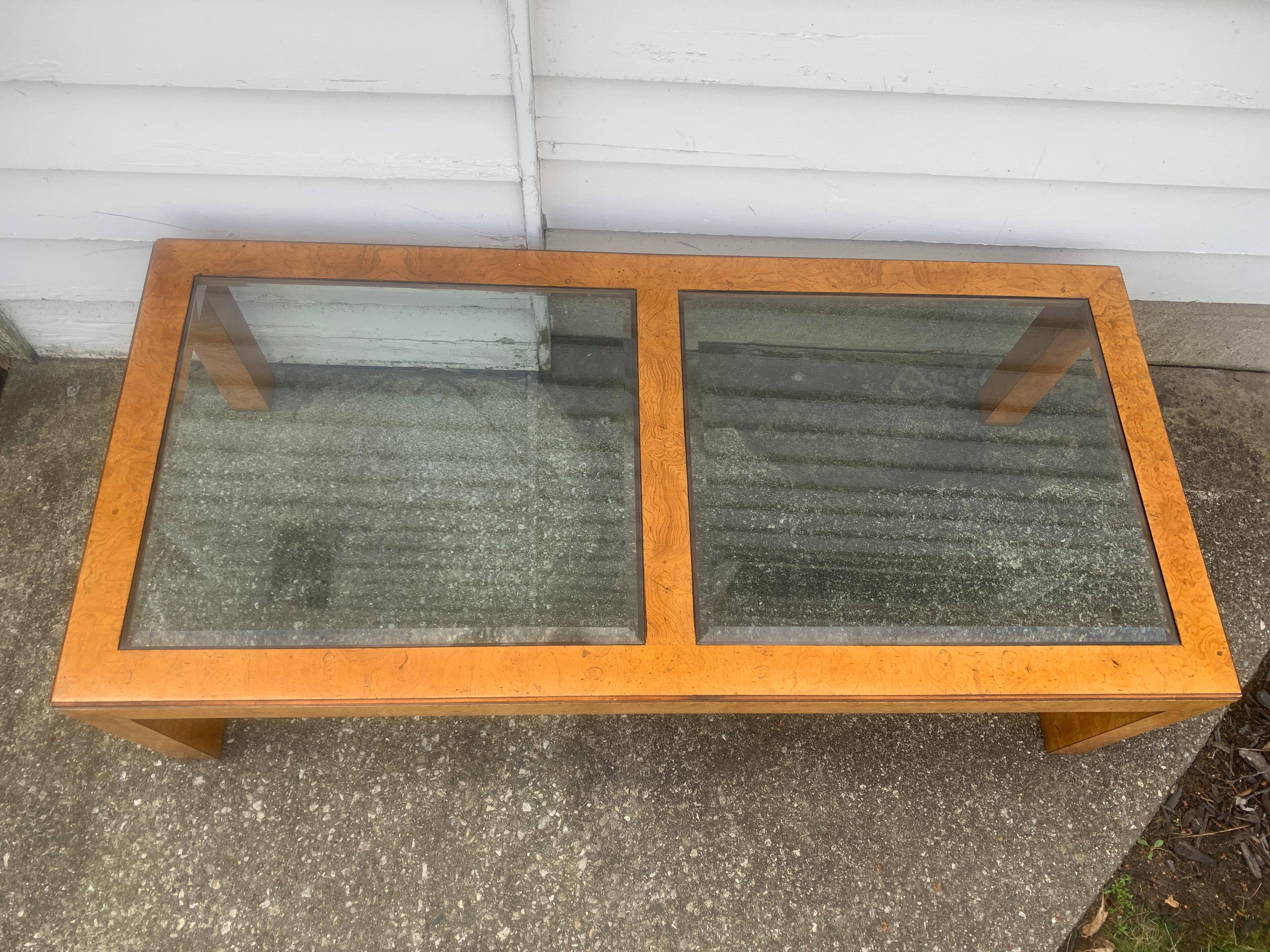 Late 20th Century John Widdicomb Mid-Century Modern Burl Wood and Glass Cocktail Table