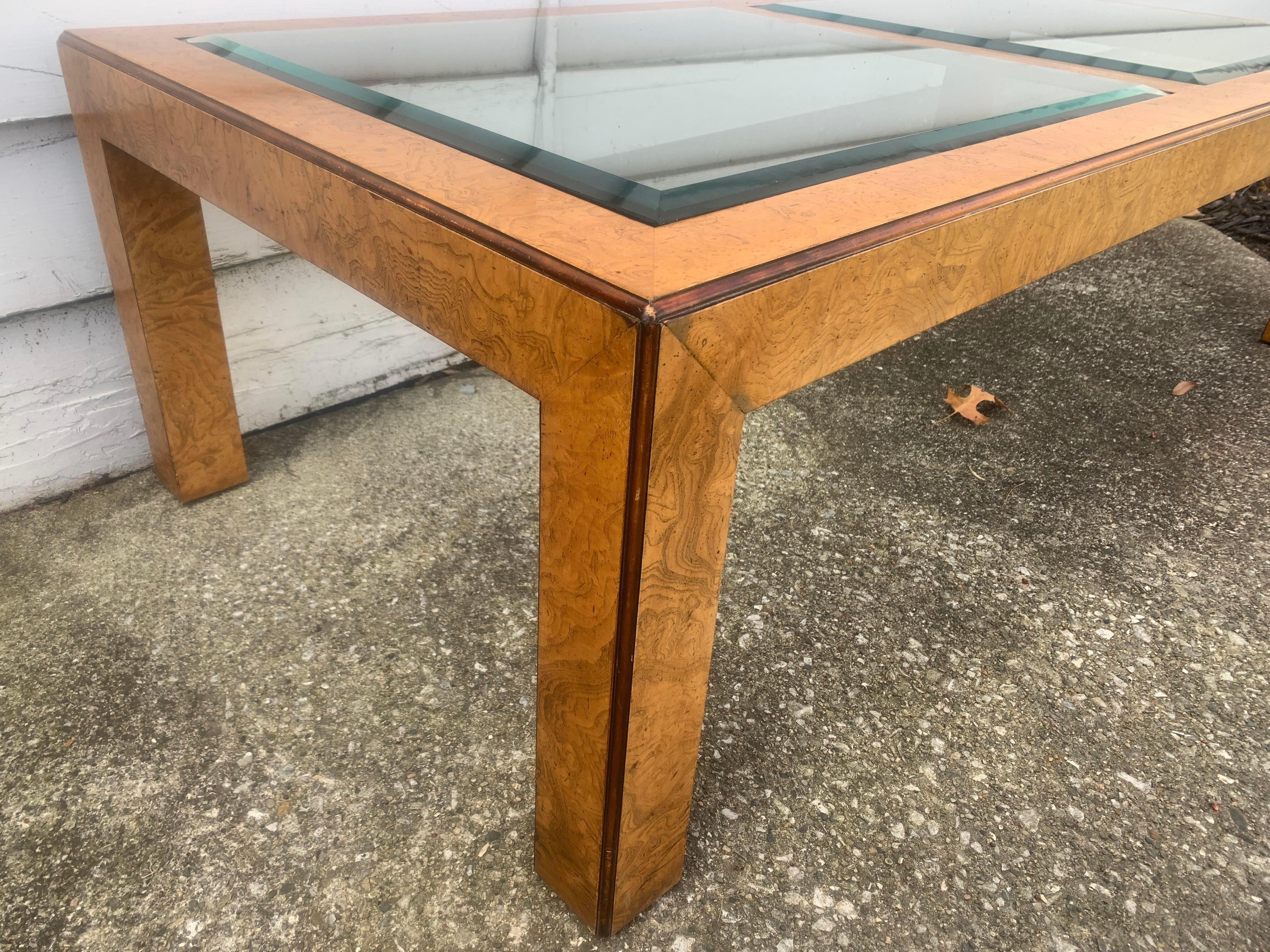 John Widdicomb Mid-Century Modern Burl Wood and Glass Cocktail Table 1
