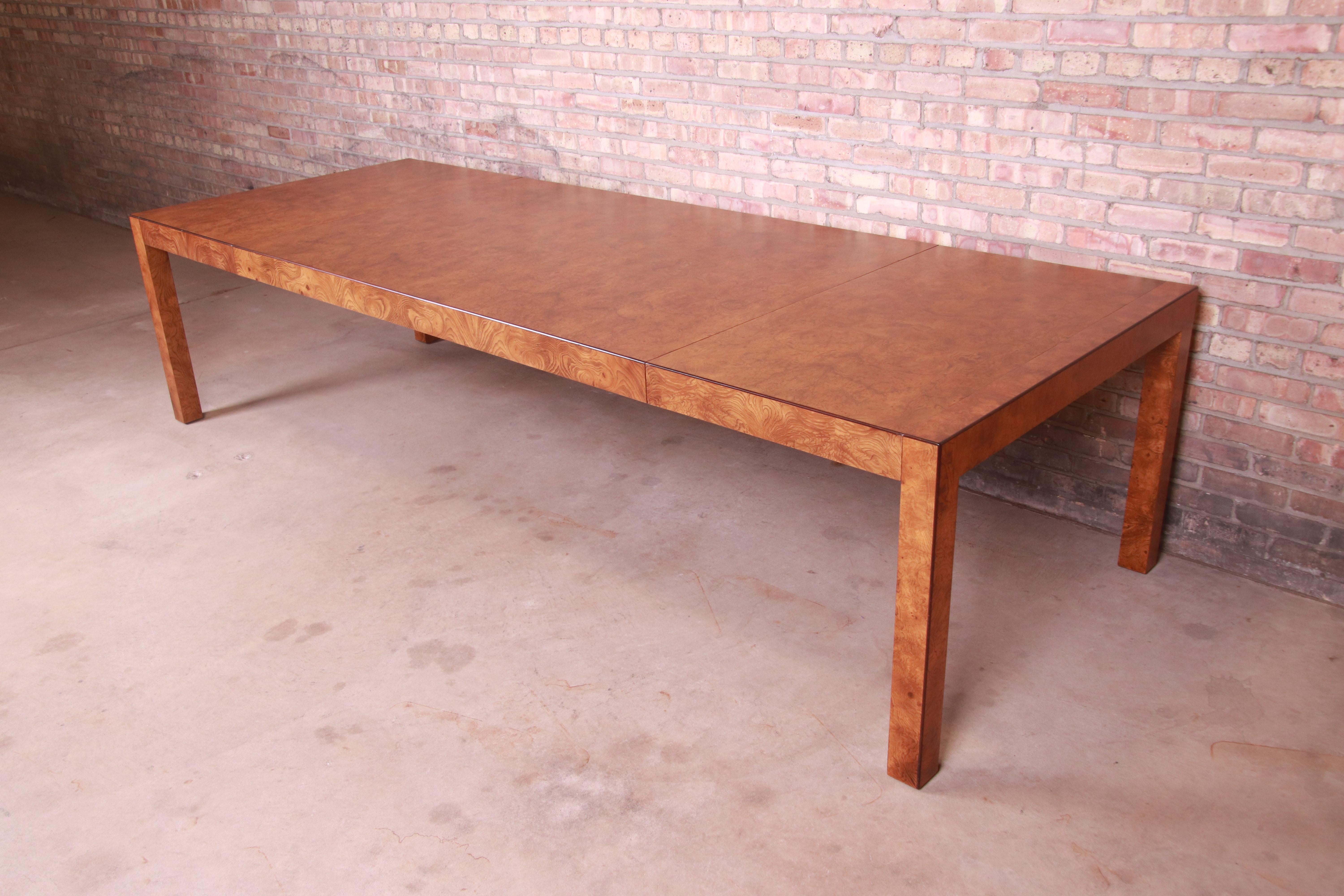 John Widdicomb Mid-Century Modern Burl Wood Parsons Dining Table, Refinished In Good Condition In South Bend, IN