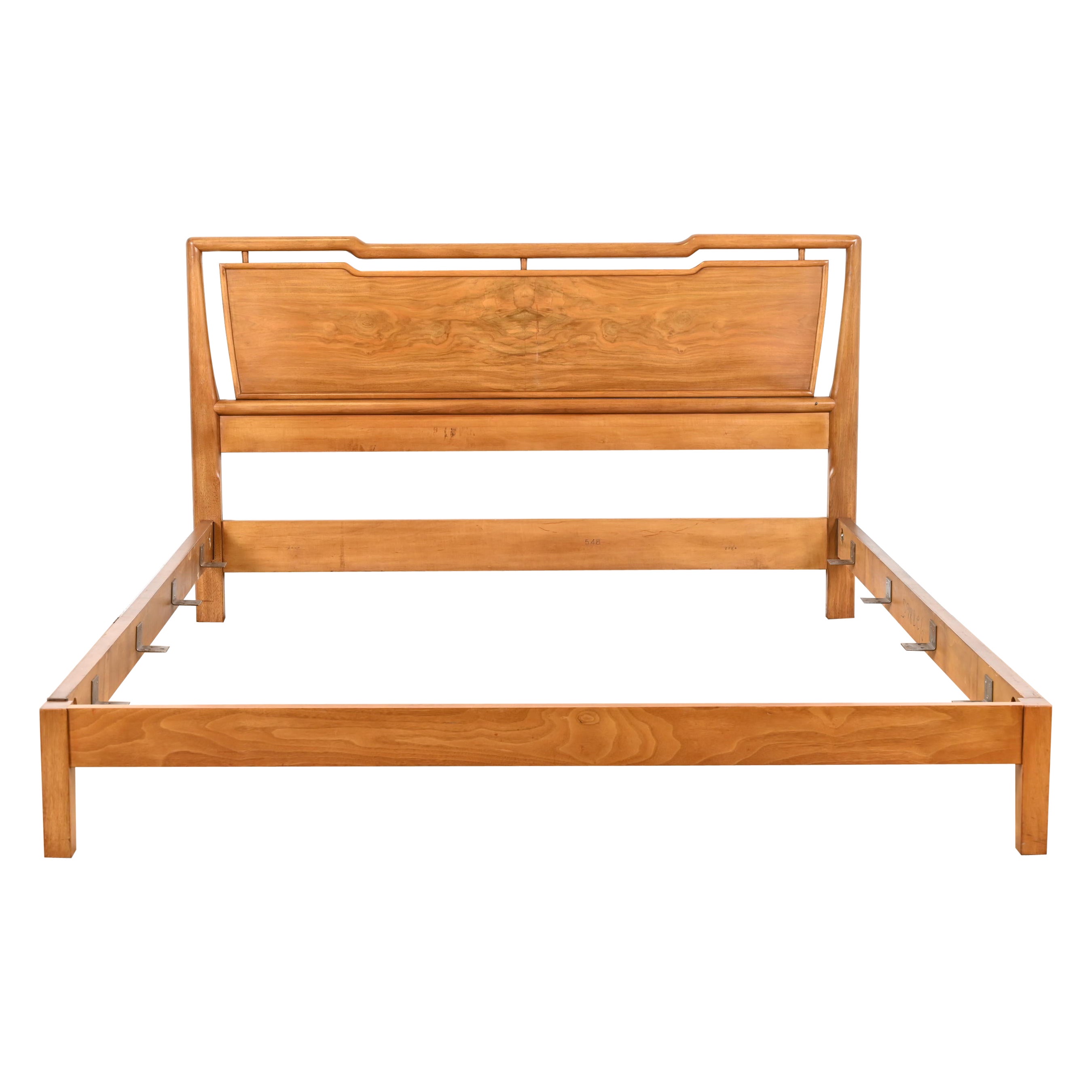 John Widdicomb Mid-Century Modern Burled Walnut Queen Size Bed, Circa 1960s