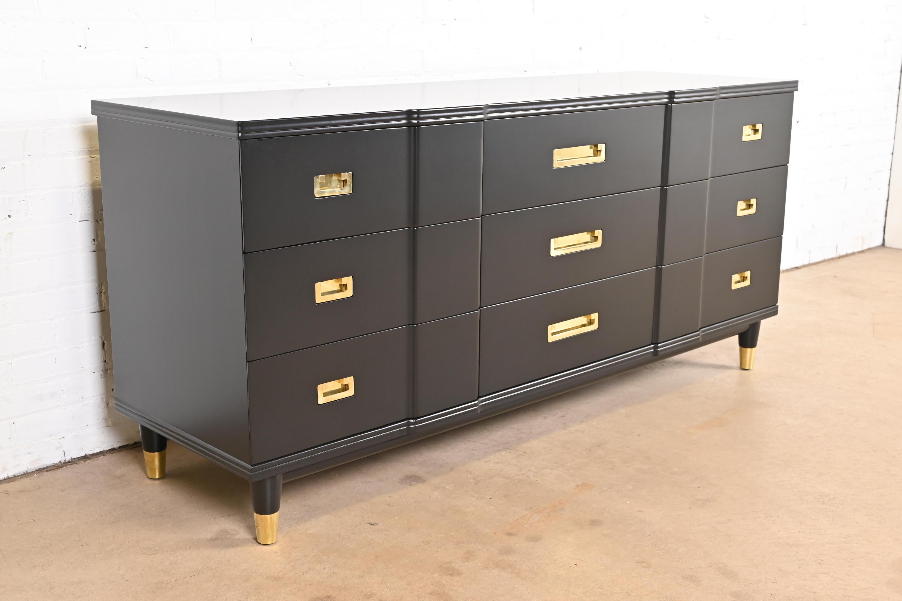 American John Widdicomb Mid-Century Modern Hollywood Regency Black Lacquered Dresser
