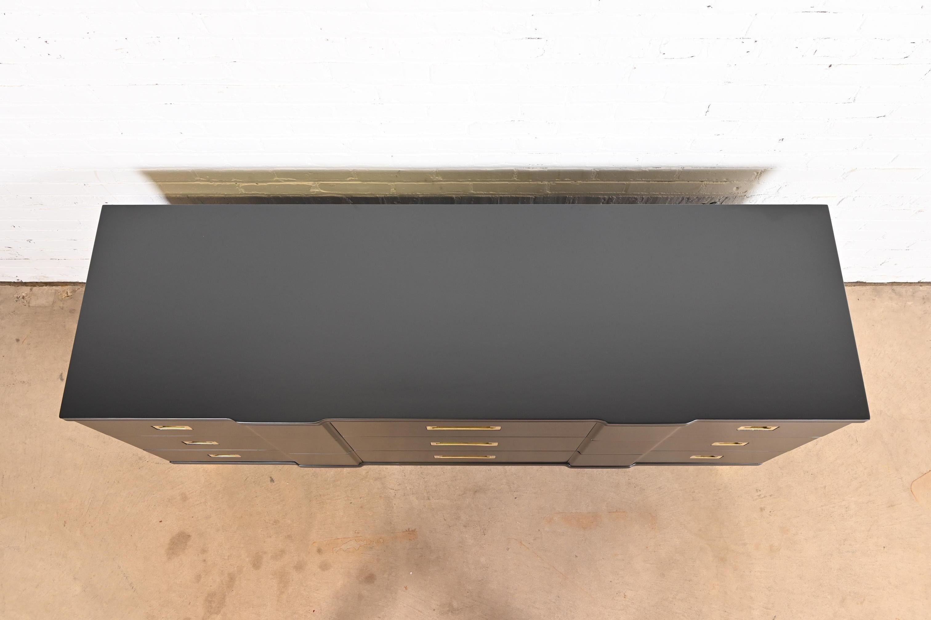 Brass John Widdicomb Mid-Century Modern Hollywood Regency Black Lacquered Dresser
