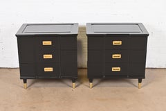 John Widdicomb Mid-Century Modern Hollywood Regency Black Lacquered Nightstands