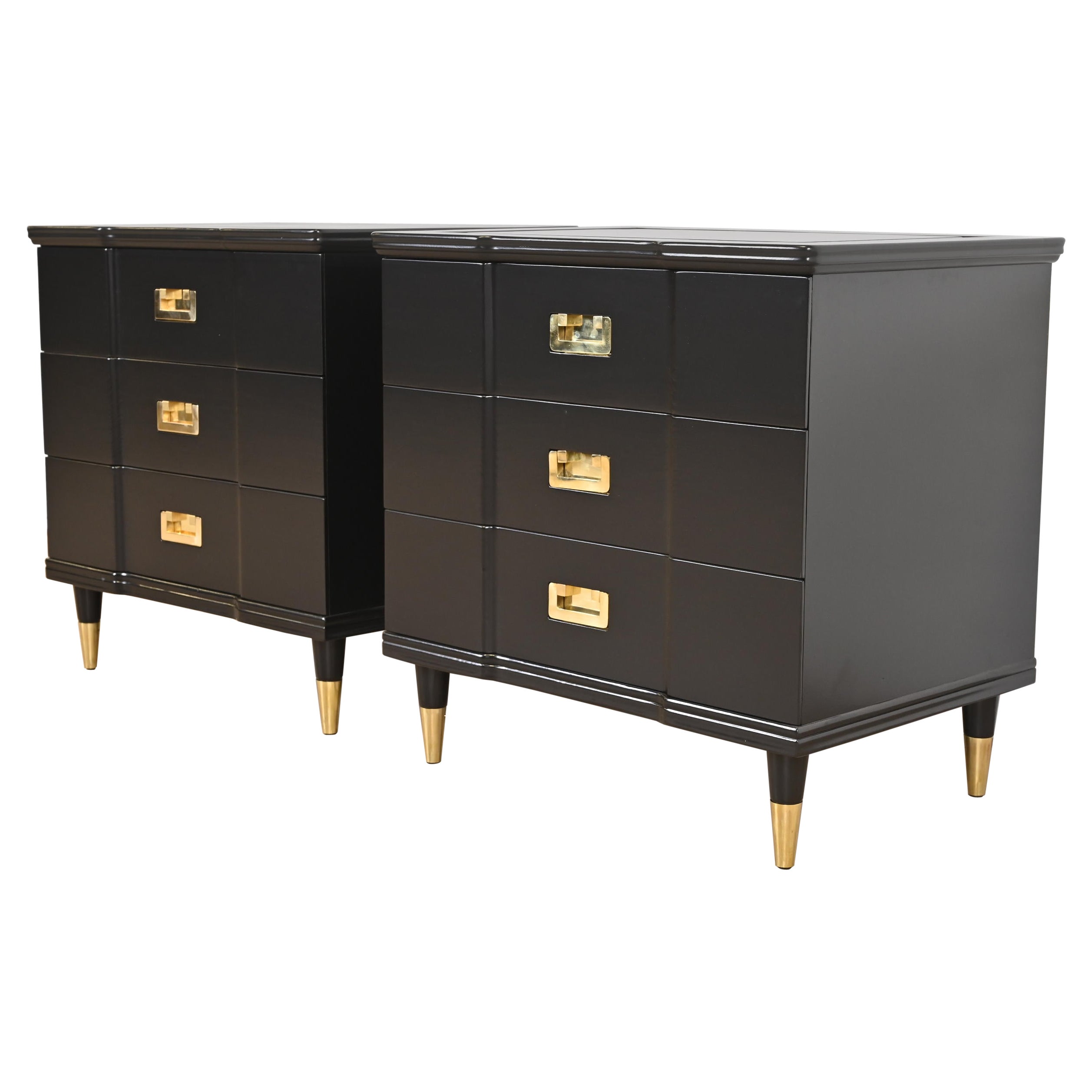 John Widdicomb Mid-Century Modern Hollywood Regency Black Lacquered Nightstands