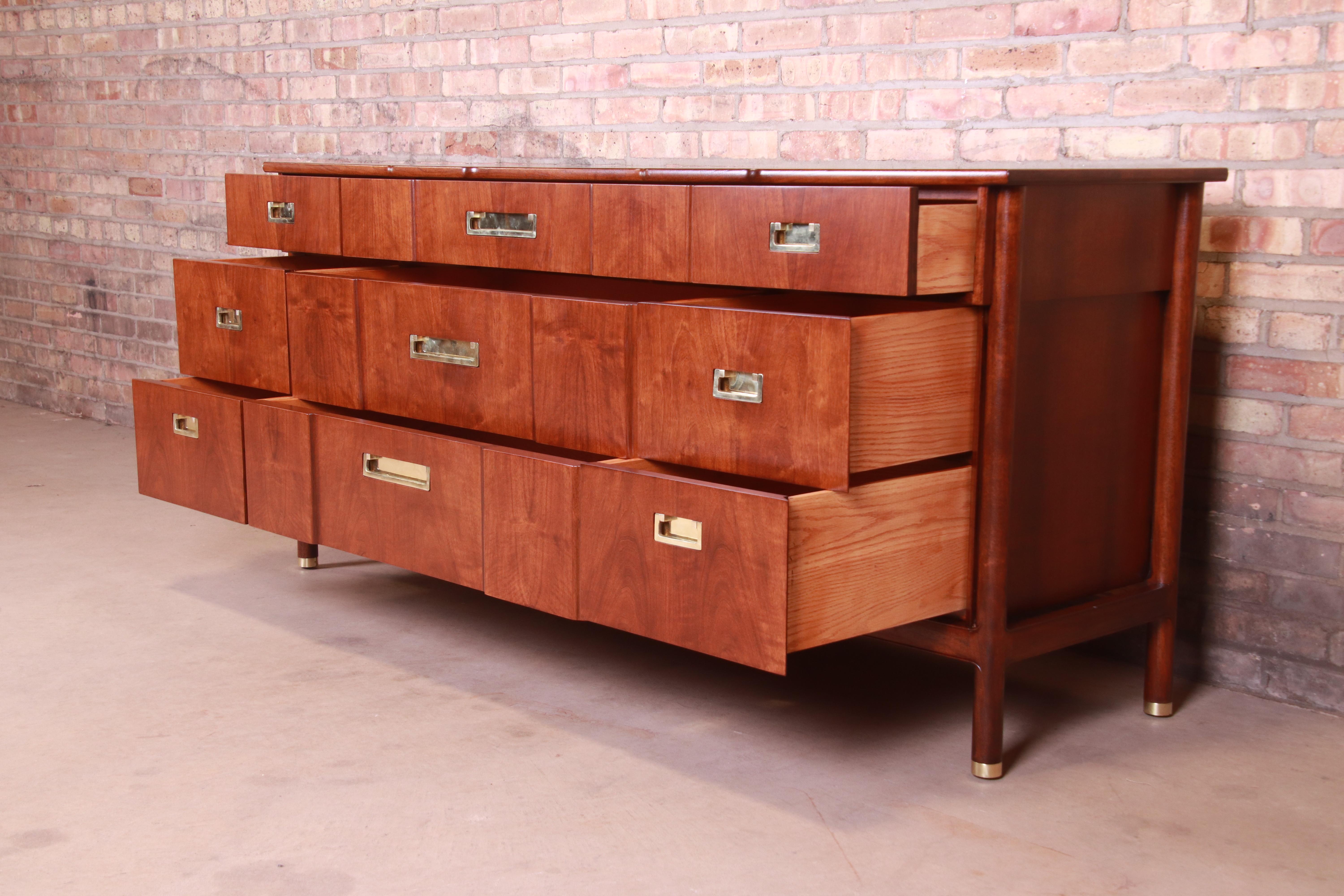 John Widdicomb Mid-Century Modern Hollywood Regency Walnut Dresser, Refinished 1