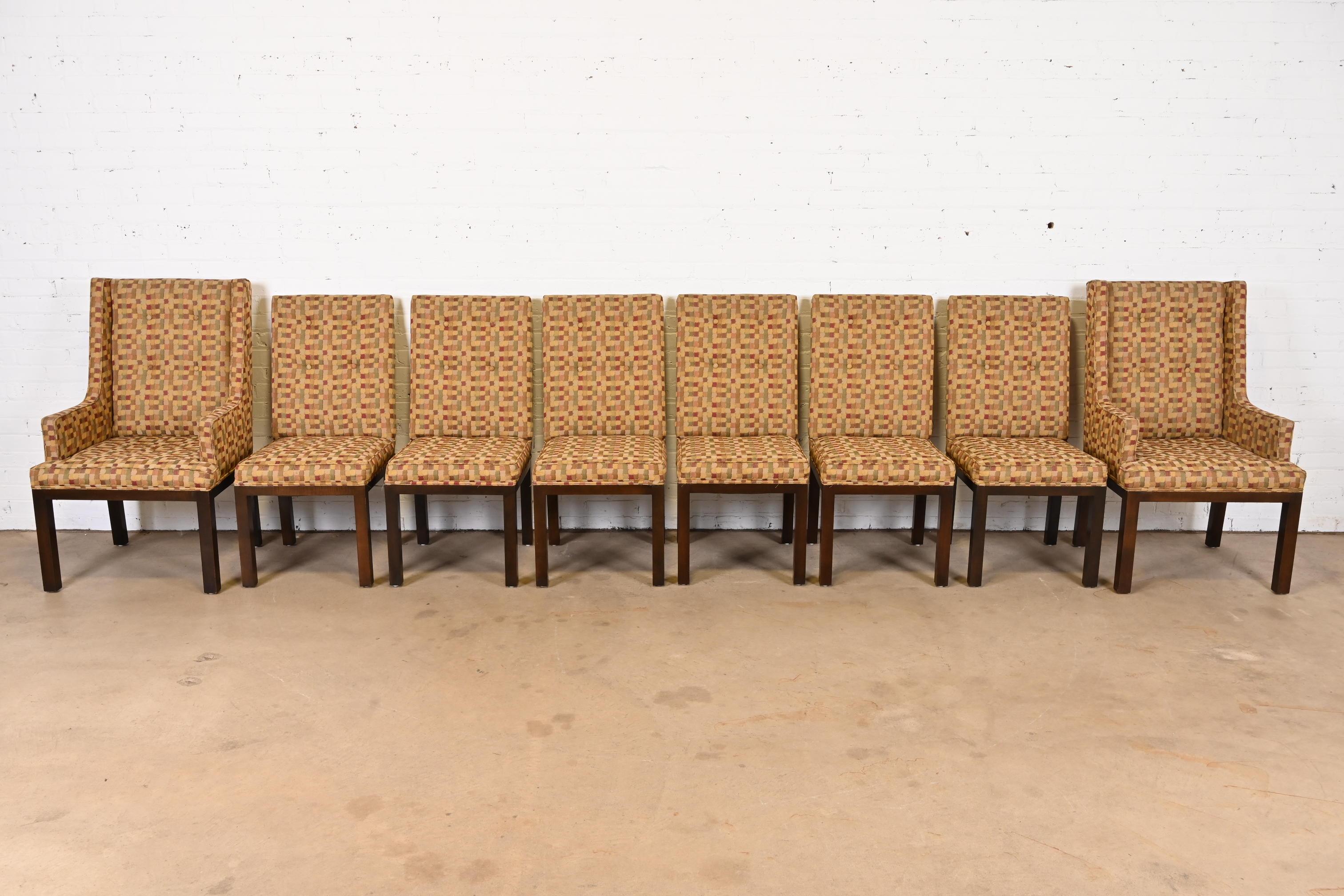 A gorgeous set of six Mid-Century Modern Parsons dining chairs

By John Widdicomb

USA, Circa 1970s

Walnut frames, with colorful patchwork tufted upholstery.

Measures:
Side chairs - 19