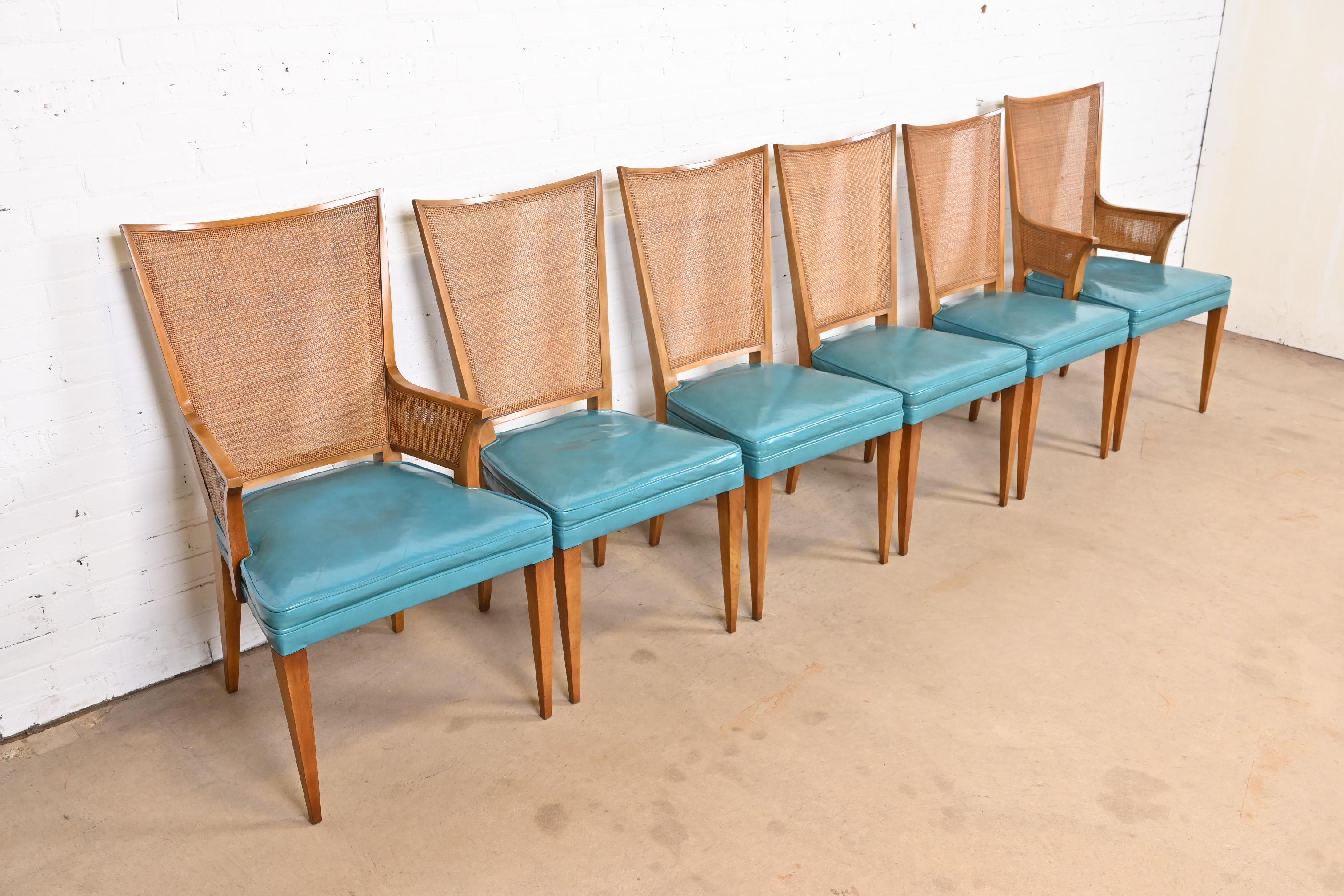 Tissu d'ameublement John Widdicomb Modernity Mid-Century Walnut and Cane Dining Chairs, Set of Six (chaises de salle à manger en noyer et en rotin) en vente