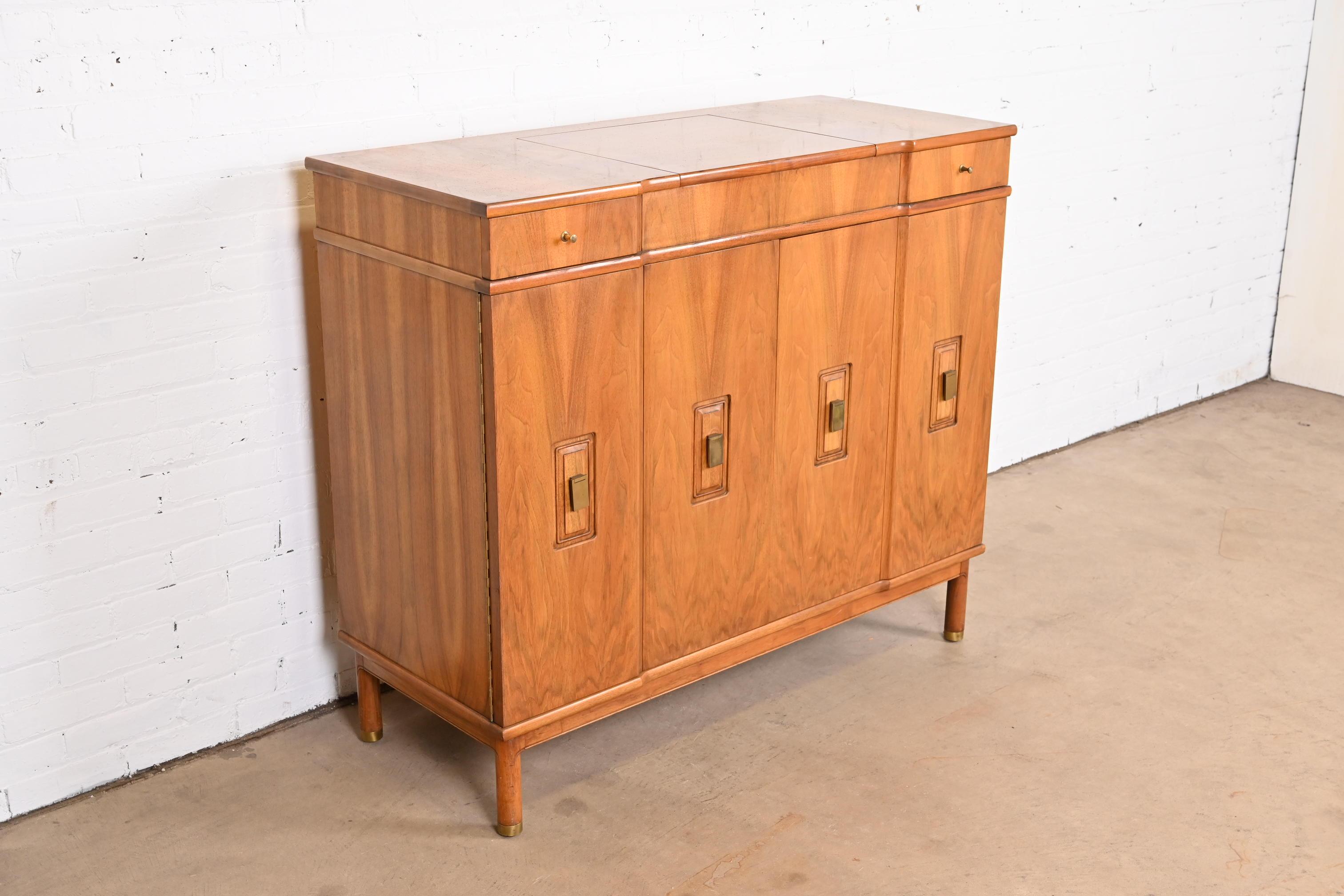 Brass John Widdicomb Mid-Century Modern Walnut Gentleman's Chest with Flip Up Mirror