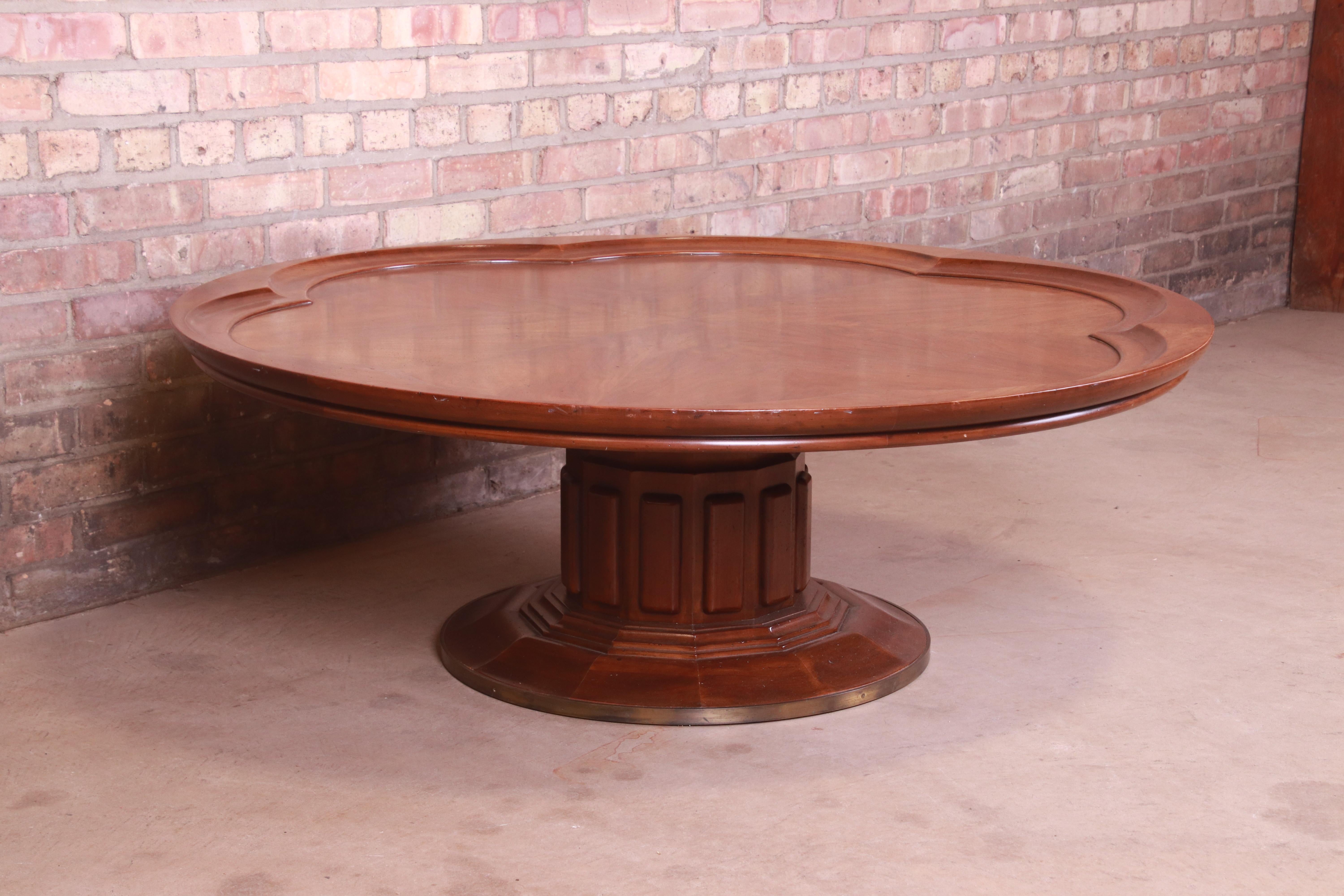 Brass John Widdicomb Mid-Century Modern Walnut Pedestal Coffee Table, Circa 1960s