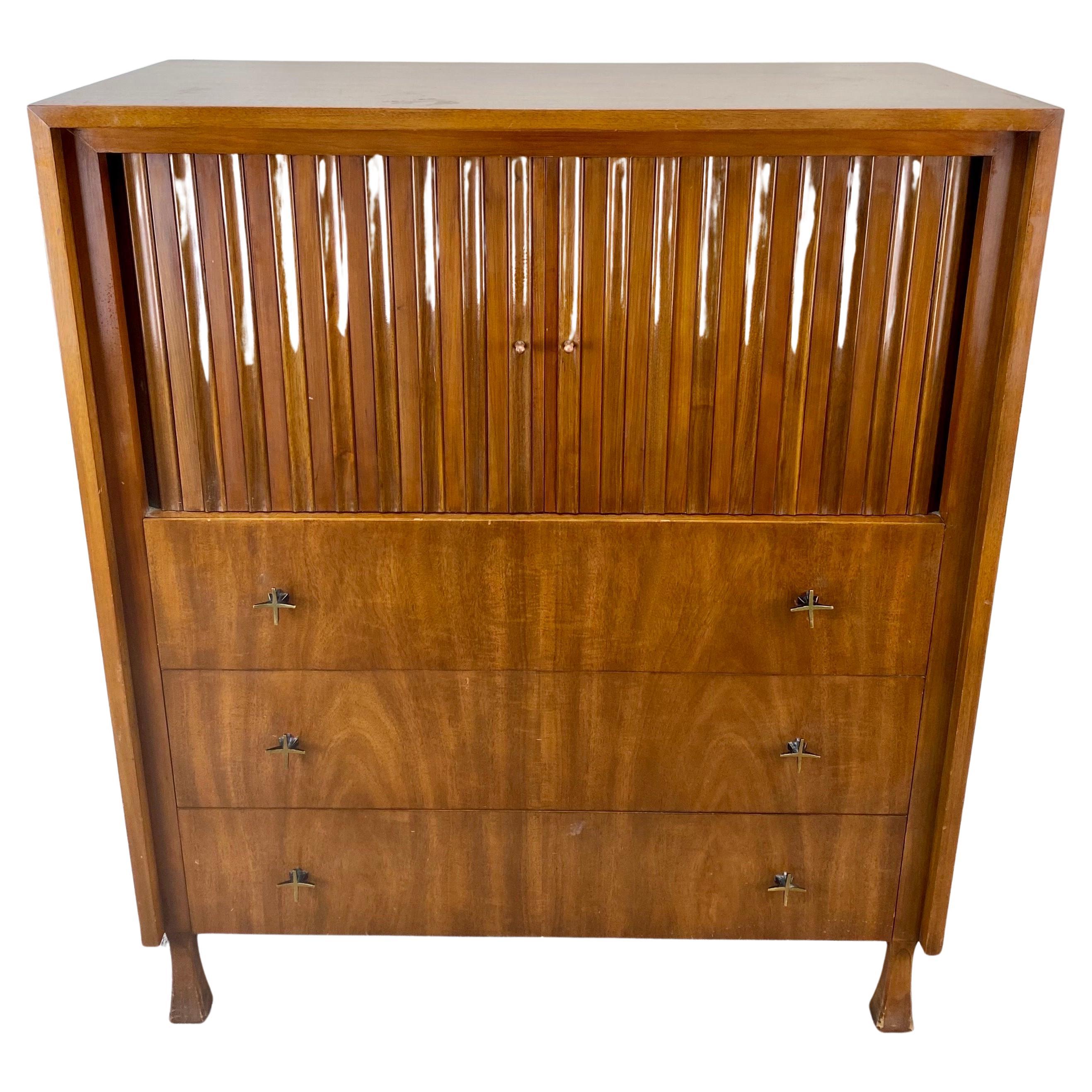 John Widdicomb Mid-Century Modern Walnut Tall Dresser with Tambour Doors  For Sale