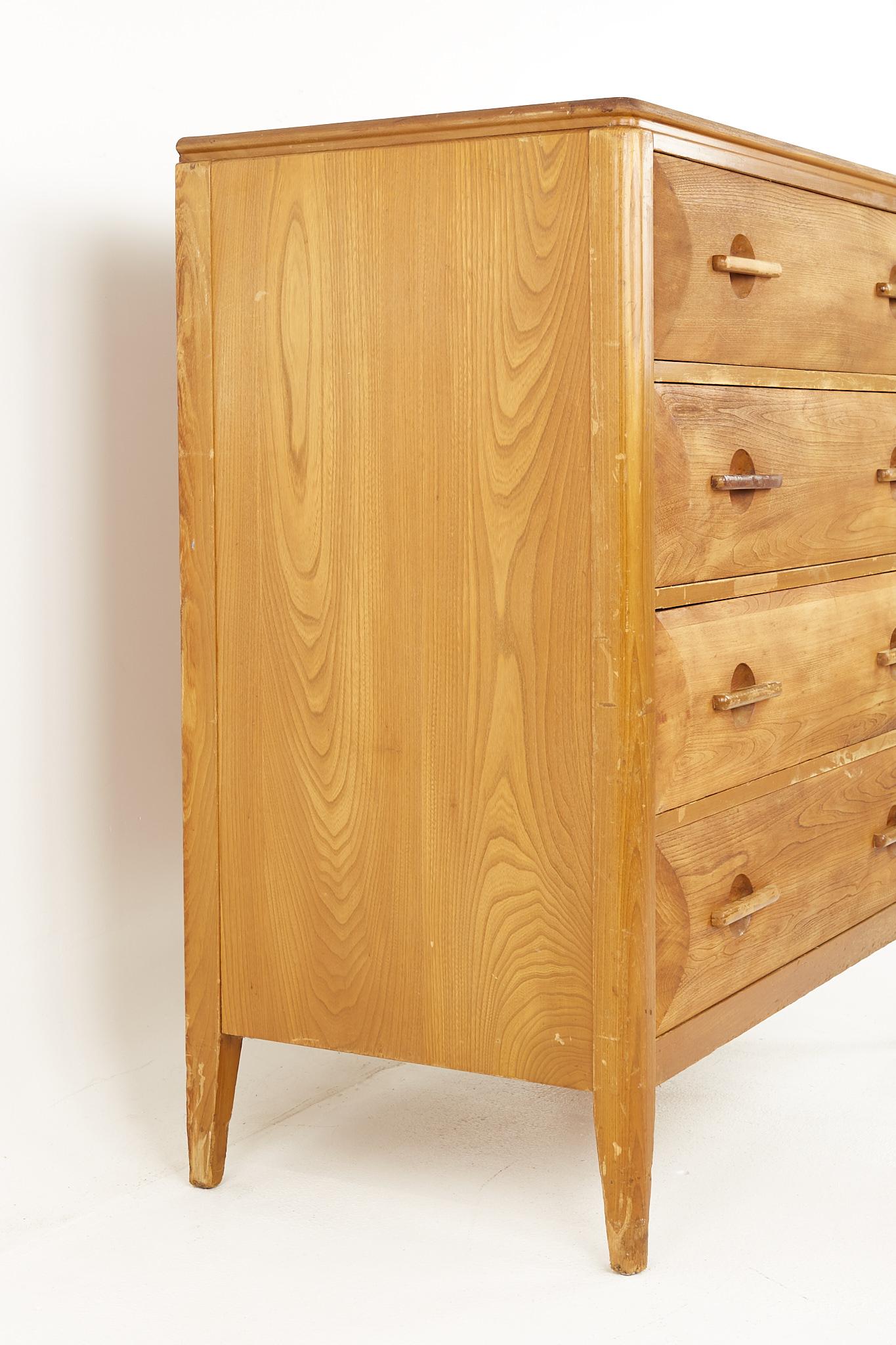 American John Widdicomb Mid Century Oak 5 Drawer Highboy Dresser