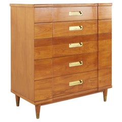 John Widdicomb Mid Century Walnut and Brass 5 Drawer Highboy Dresser