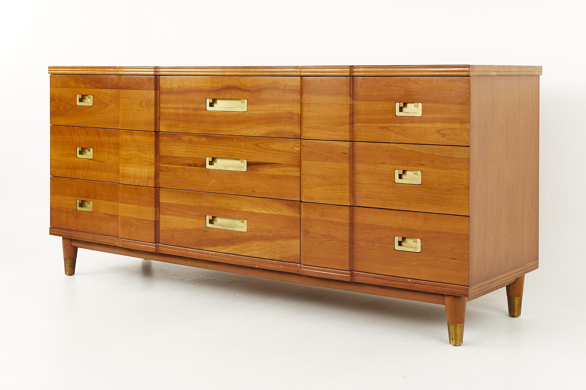 Mid-Century Modern John Widdicomb Mid Century Walnut and Brass 9 Drawer Lowboy Dresser