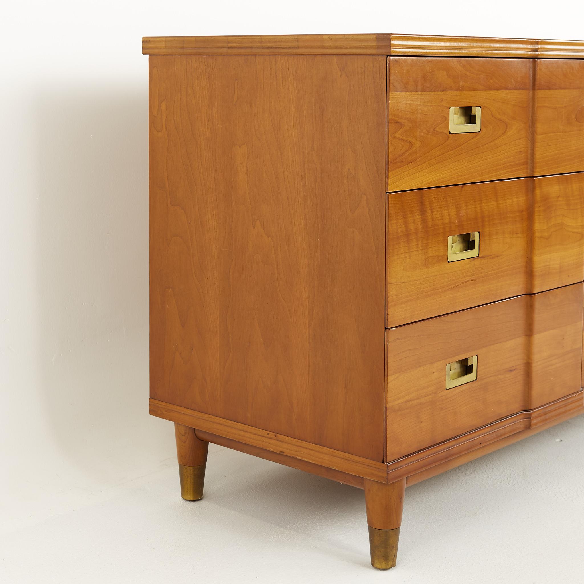 American John Widdicomb Mid Century Walnut and Brass 9 Drawer Lowboy Dresser
