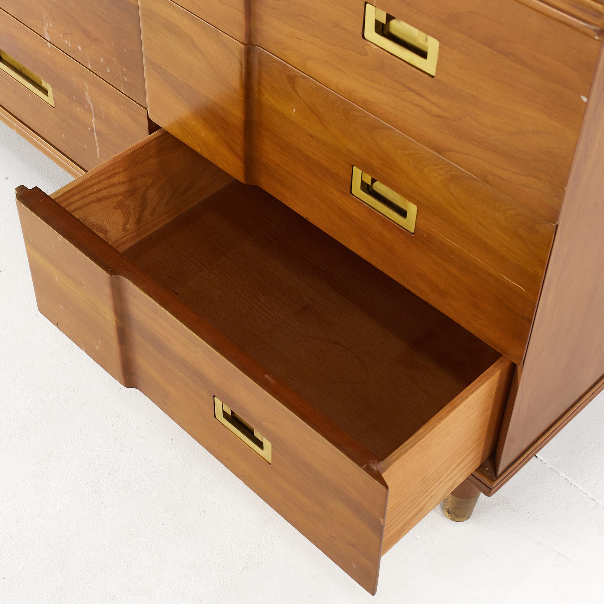 John Widdicomb Mid Century Walnut and Brass 9 Drawer Lowboy Dresser For Sale 1