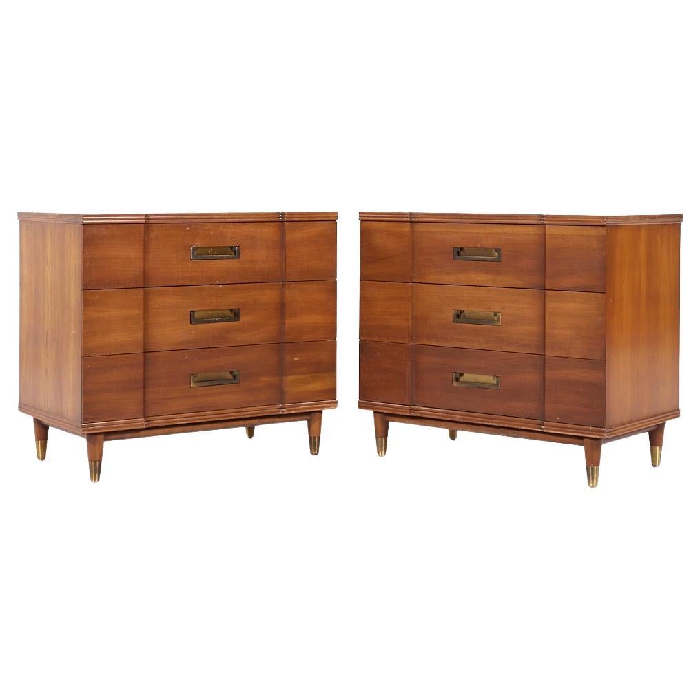 John Widdicomb Mid Century Walnut and Brass Chest of Drawers - Pair For Sale