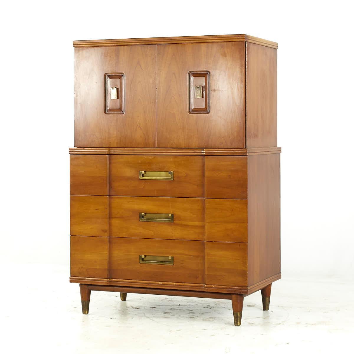 Mid-Century Modern John Widdicomb Mid Century Walnut and Brass Highboy Dresser For Sale