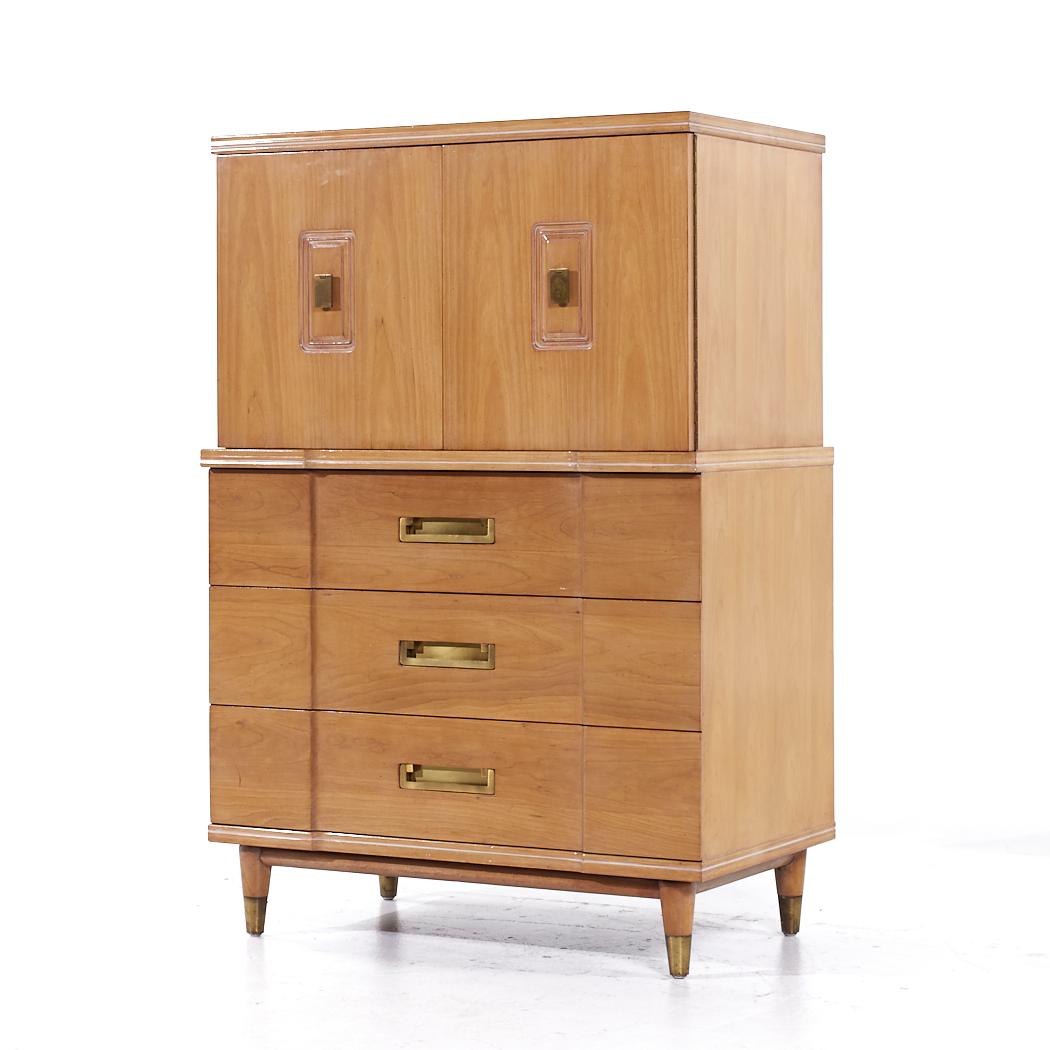 Mid-Century Modern John Widdicomb Mid Century Walnut and Brass Highboy Dresser For Sale