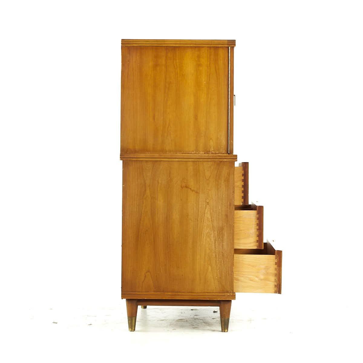 American John Widdicomb Mid Century Walnut and Brass Highboy Dresser For Sale