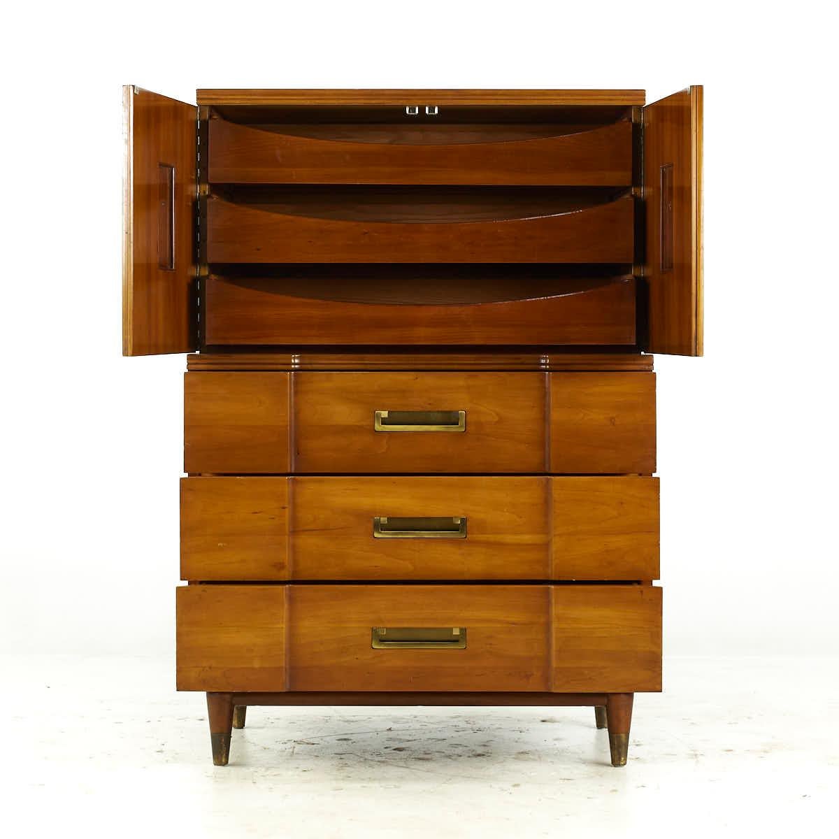 Late 20th Century John Widdicomb Mid Century Walnut and Brass Highboy Dresser For Sale
