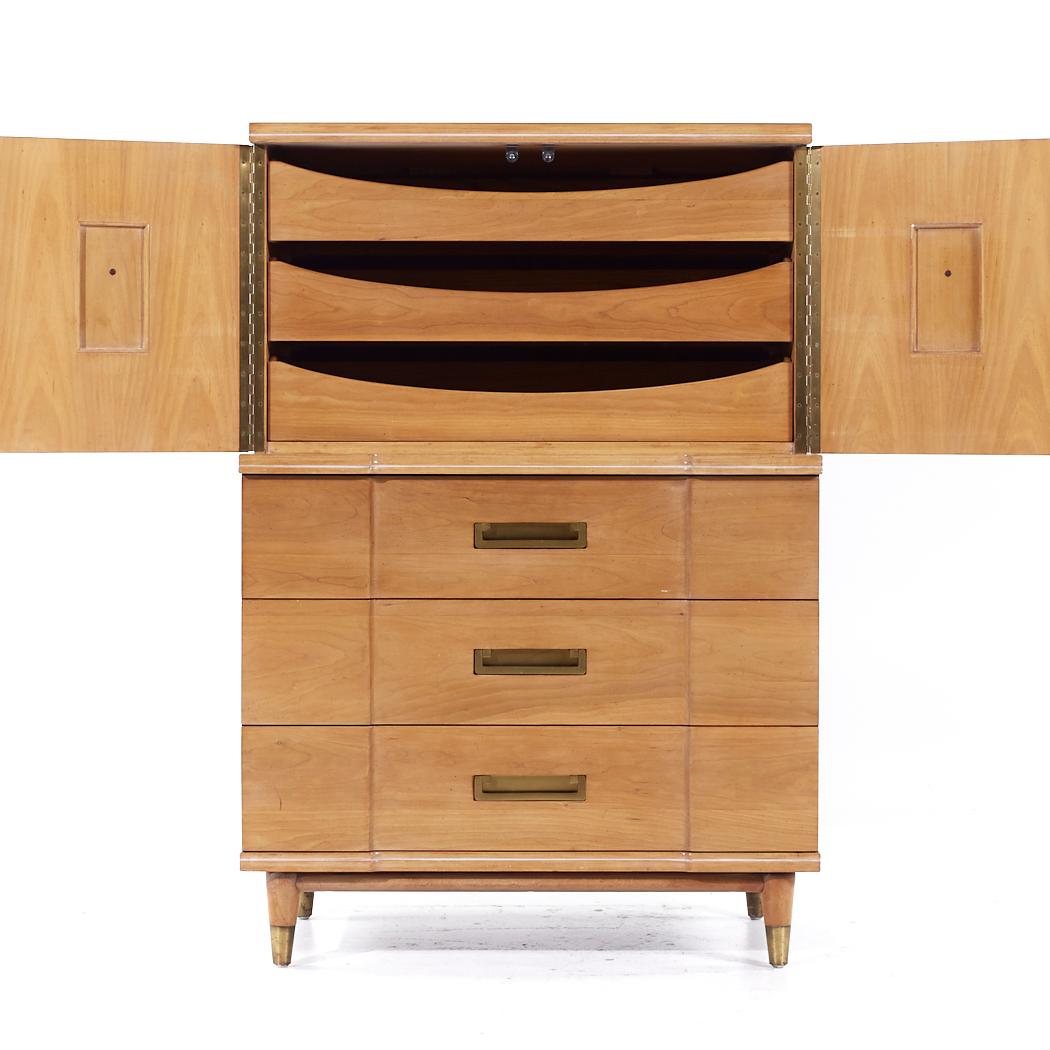 Late 20th Century John Widdicomb Mid Century Walnut and Brass Highboy Dresser For Sale