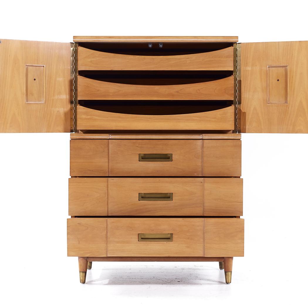 John Widdicomb Mid Century Walnut and Brass Highboy Dresser For Sale 2