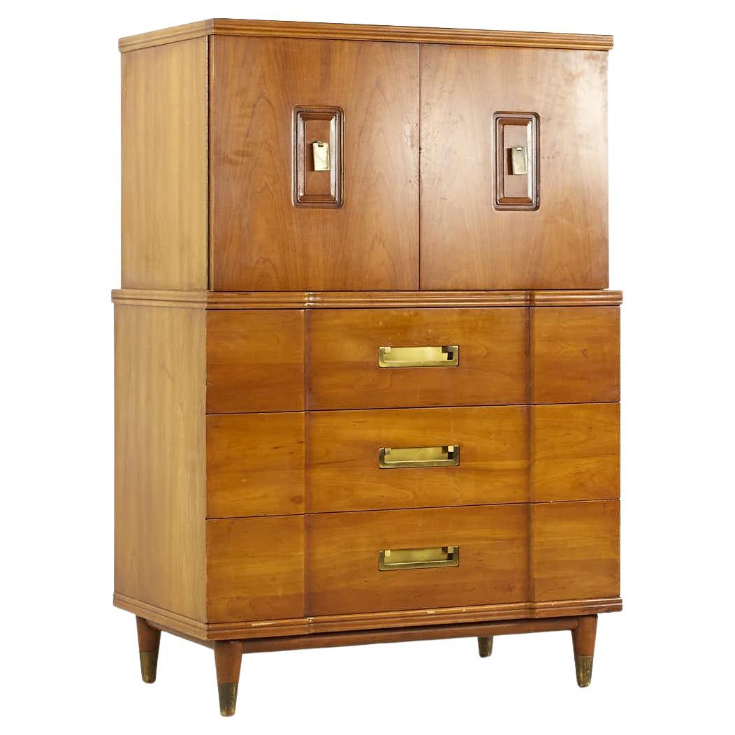 John Widdicomb Mid Century Walnut and Brass Highboy Dresser For Sale