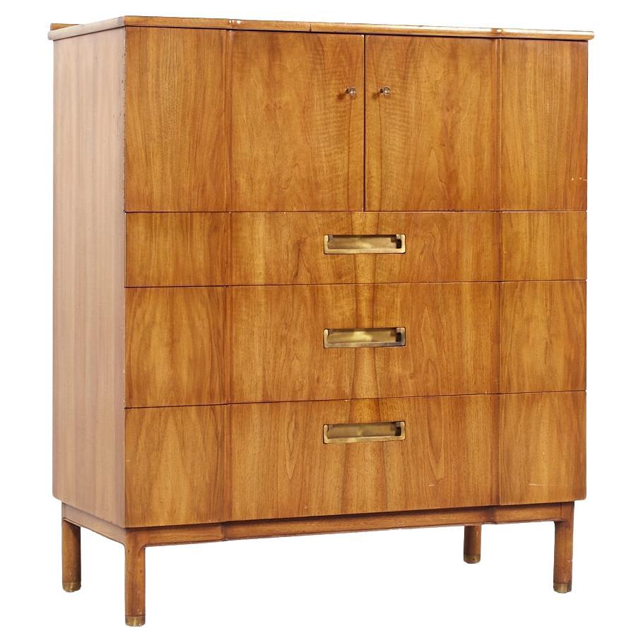 John Widdicomb Mid Century Walnut and Brass Highboy Dresser For Sale