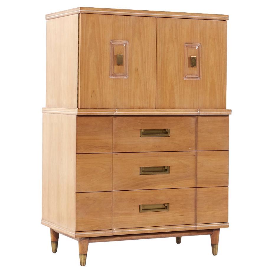 John Widdicomb Mid Century Walnut and Brass Highboy Dresser