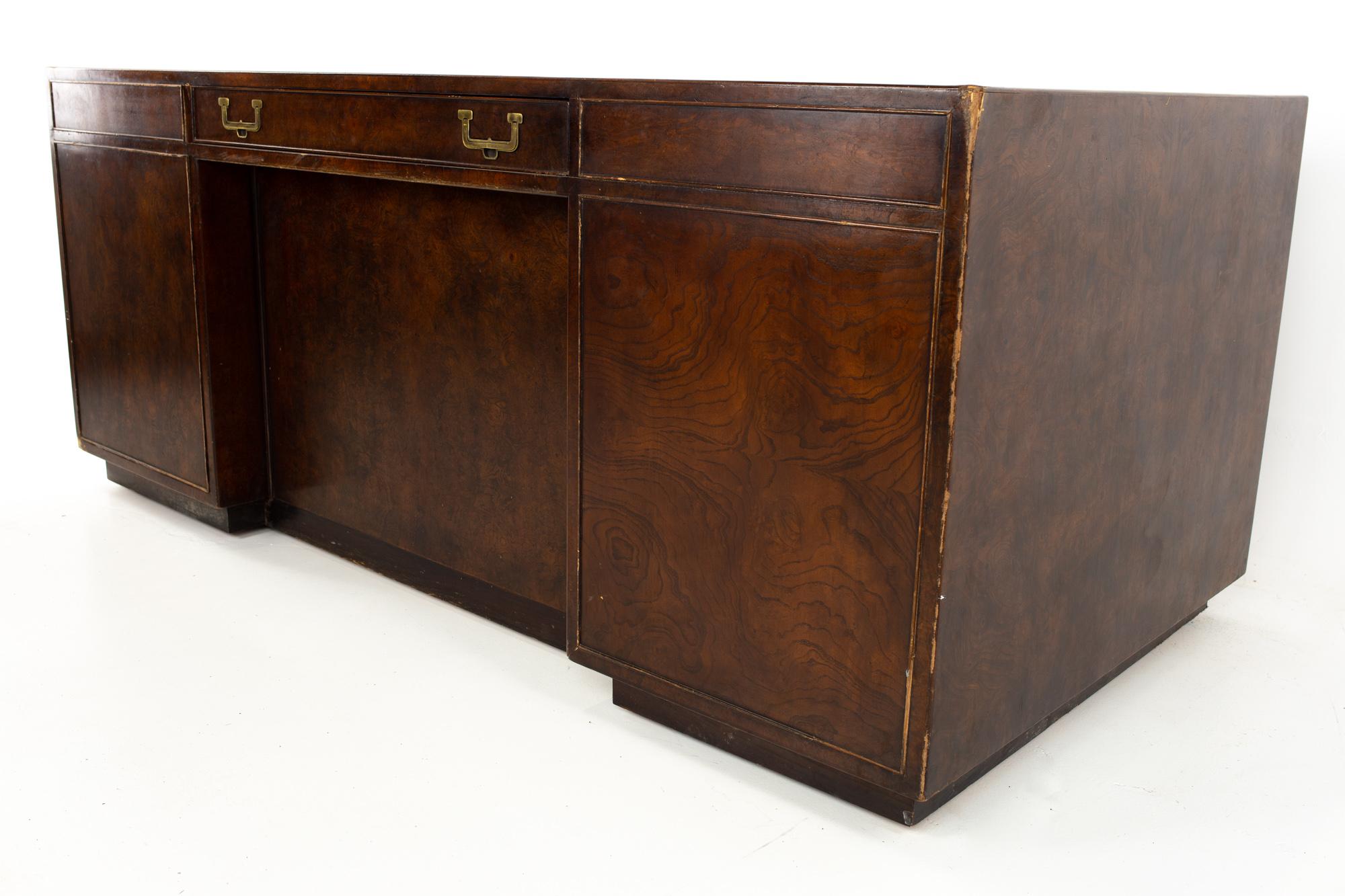 John Widdicomb Mid Century Burlwood Campaign Executive Desk In Good Condition In Countryside, IL