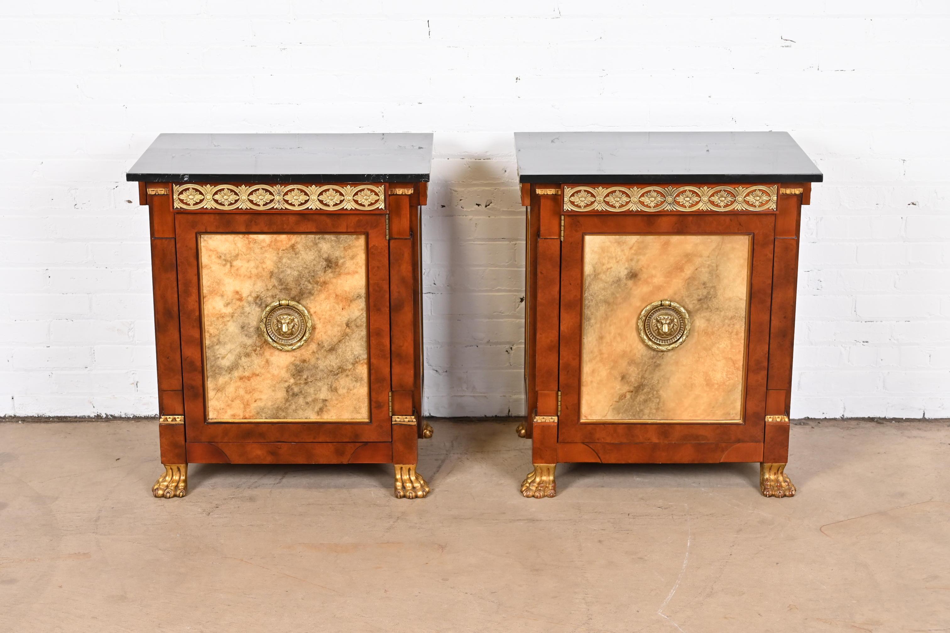 American John Widdicomb Neoclassical Burl and Faux Marble Ormolu Mounted Bedside Chests