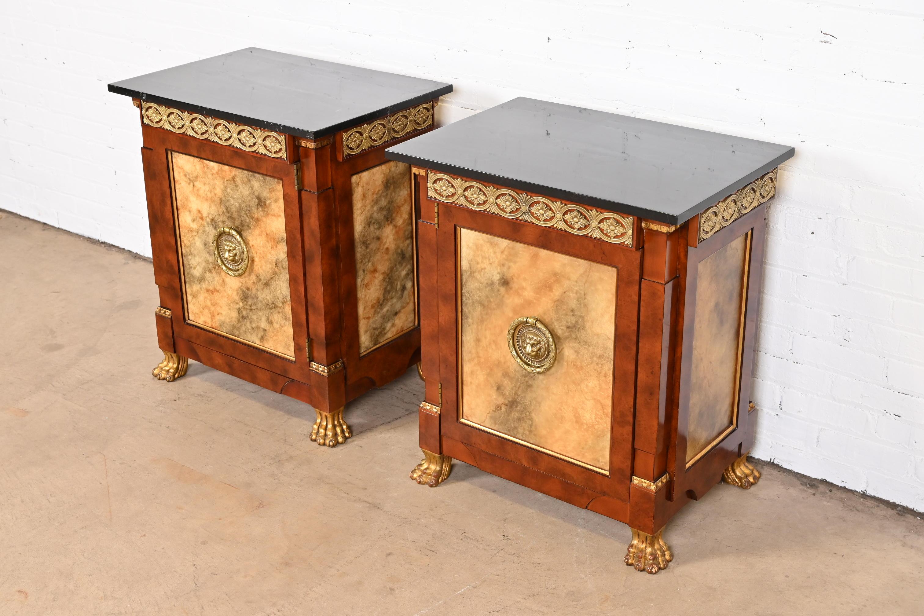 John Widdicomb Neoclassical Burl and Faux Marble Ormolu Mounted Bedside Chests In Good Condition In South Bend, IN