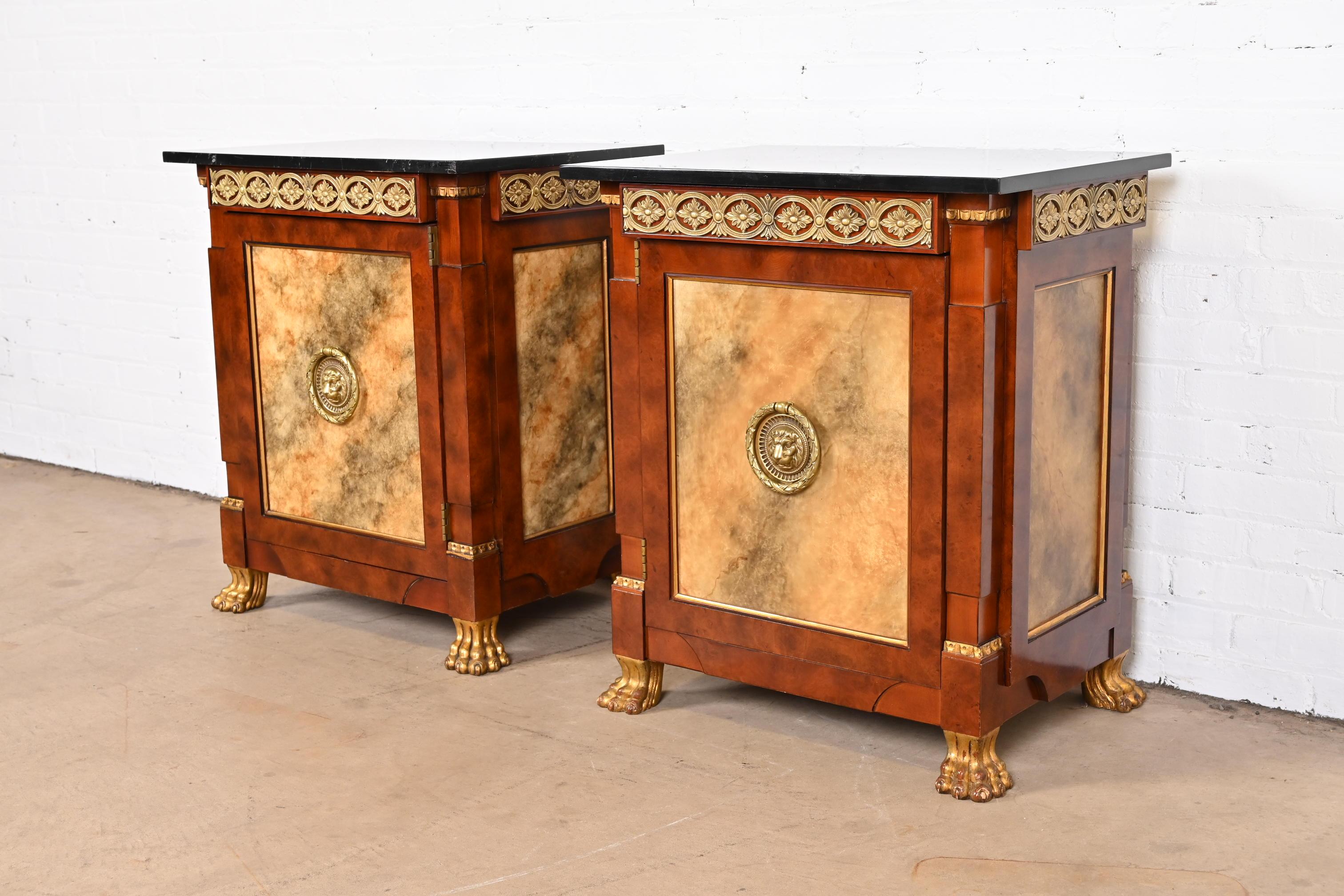 20th Century John Widdicomb Neoclassical Burl and Faux Marble Ormolu Mounted Bedside Chests