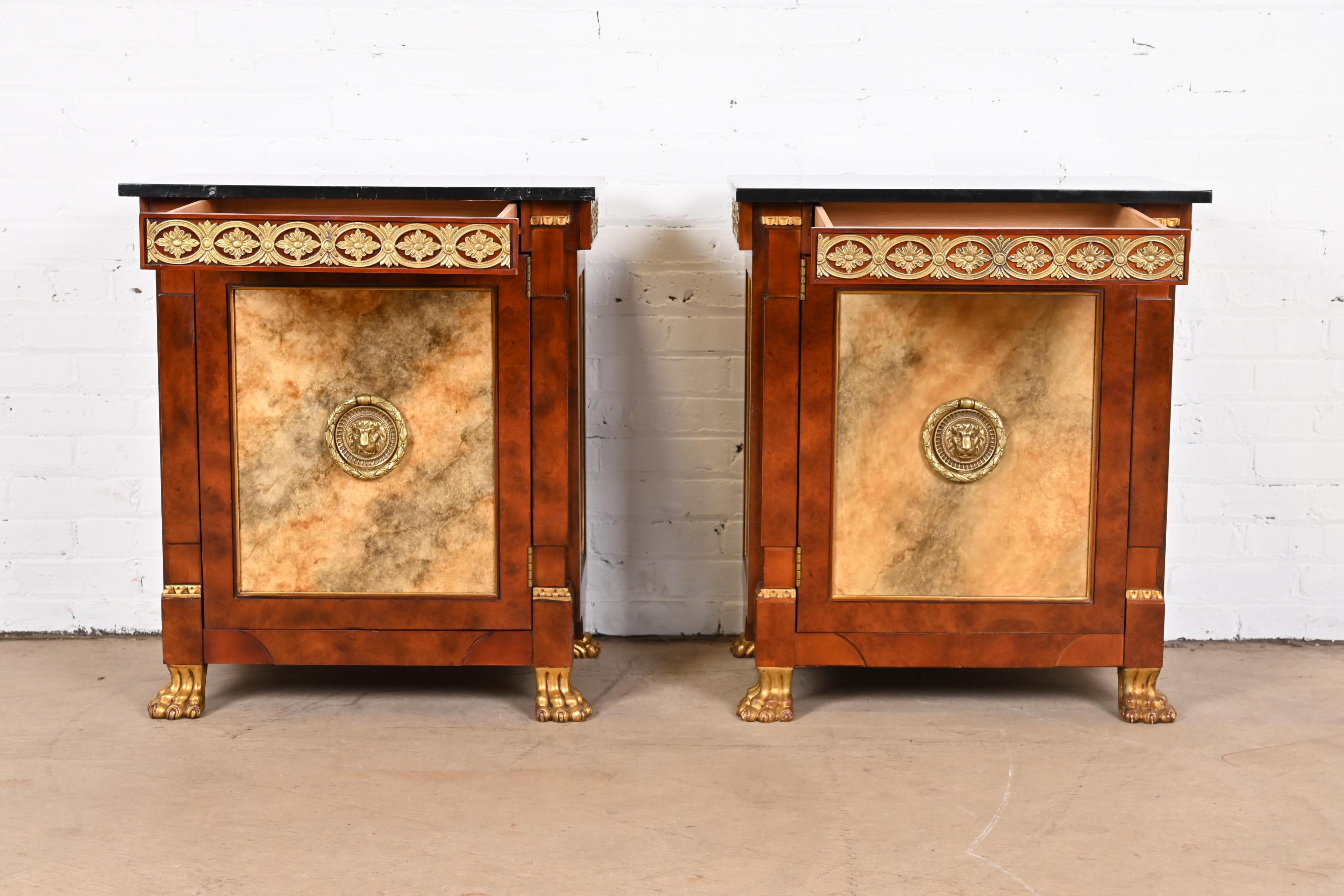 Brass John Widdicomb Neoclassical Burl and Faux Marble Ormolu Mounted Bedside Chests