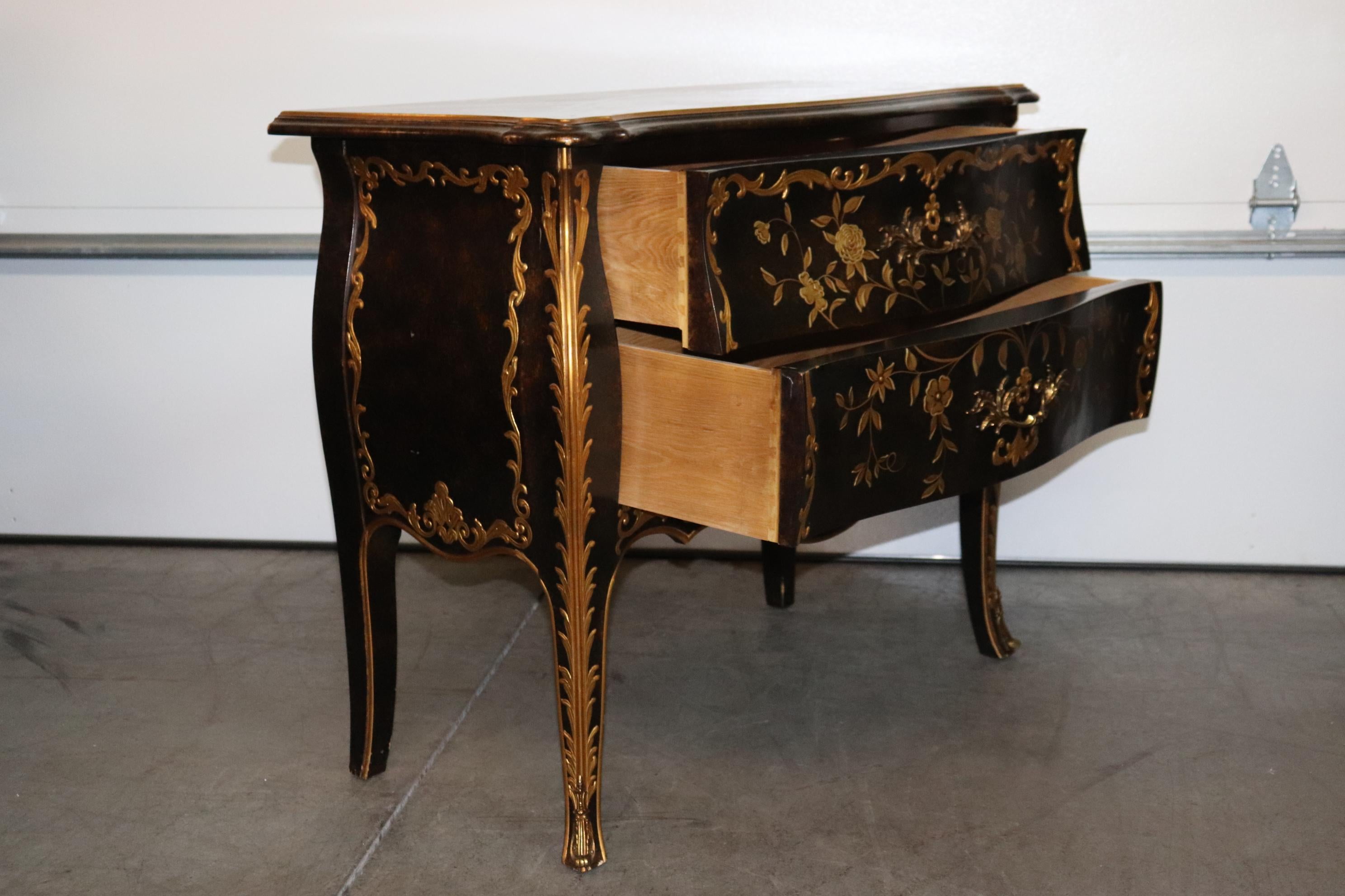 Mahogany John Widdicomb Paint Decorated French Louis XV Style Bronze Mounted Commode