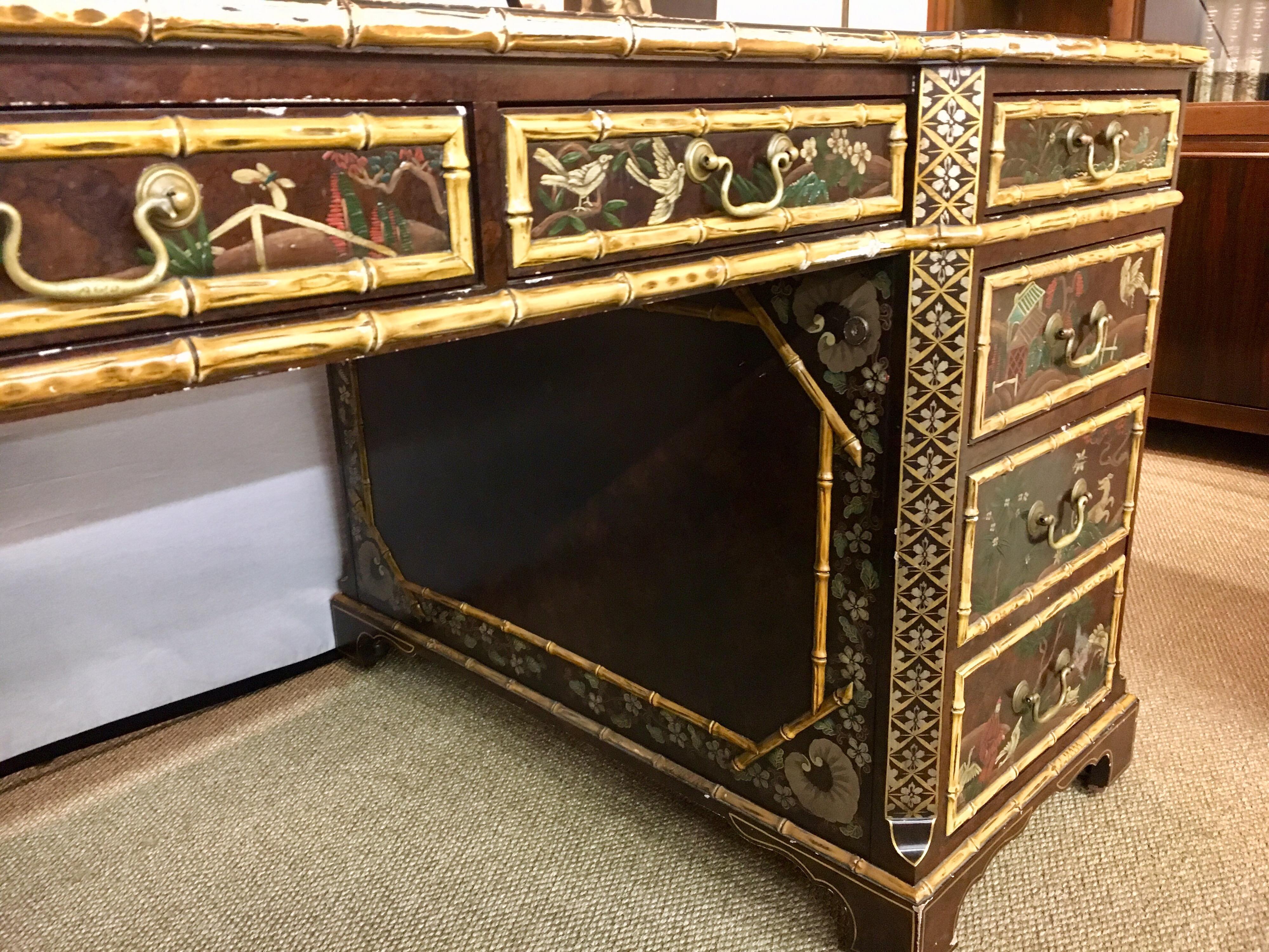 John Widdicomb Chinoiserie Partners Desk Hand Painted Leather Top 4