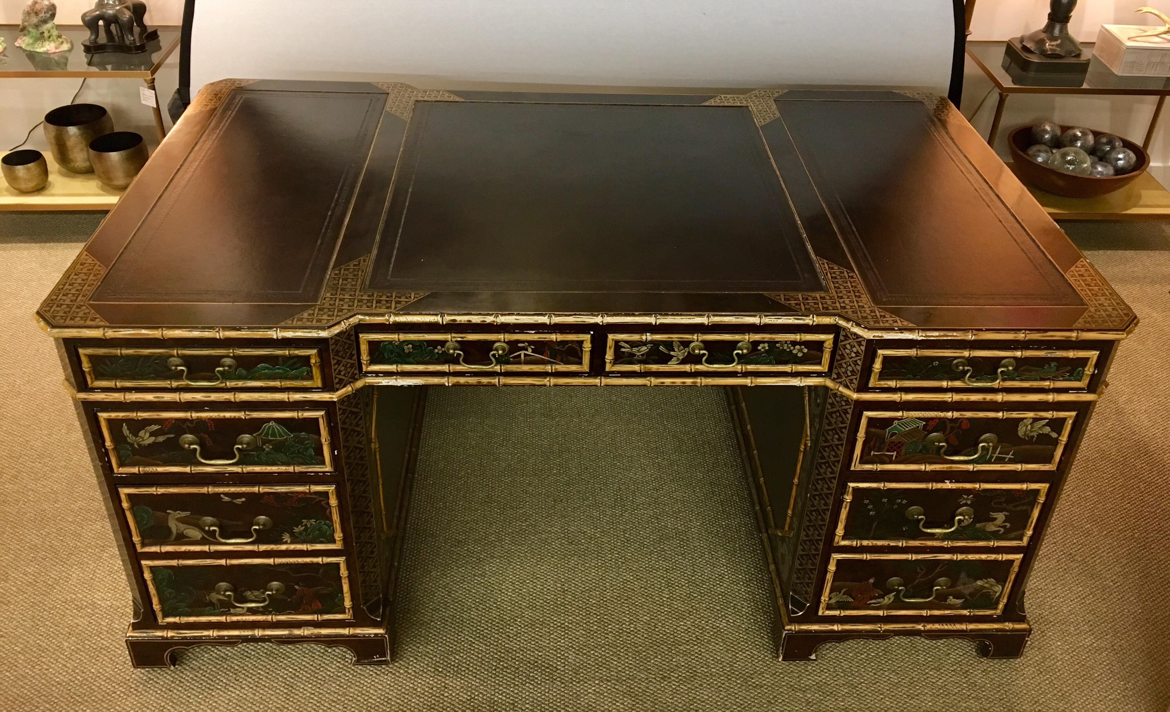 John Widdicomb Chinoiserie Partners Desk Hand Painted Leather Top 8