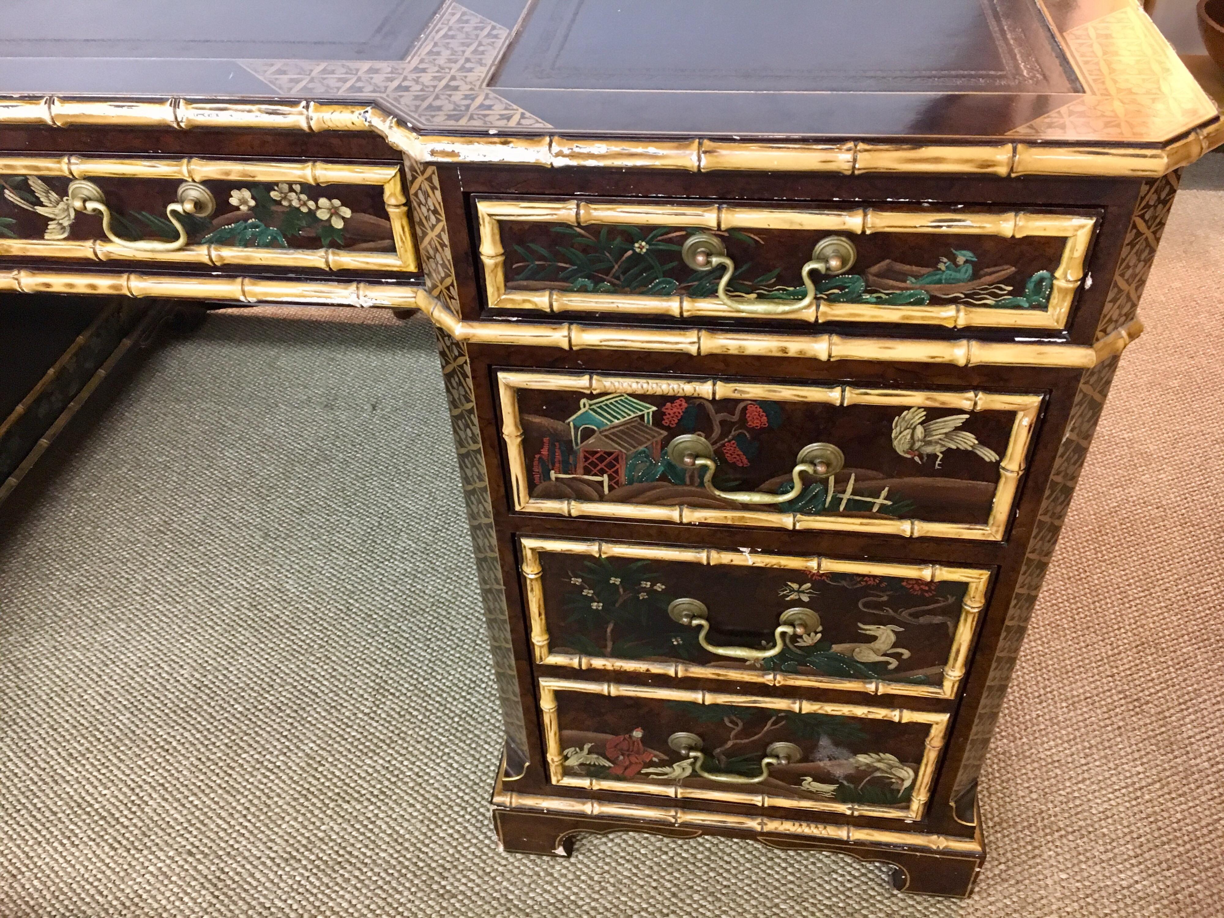 Chippendale John Widdicomb Chinoiserie Partners Desk Hand Painted Leather Top