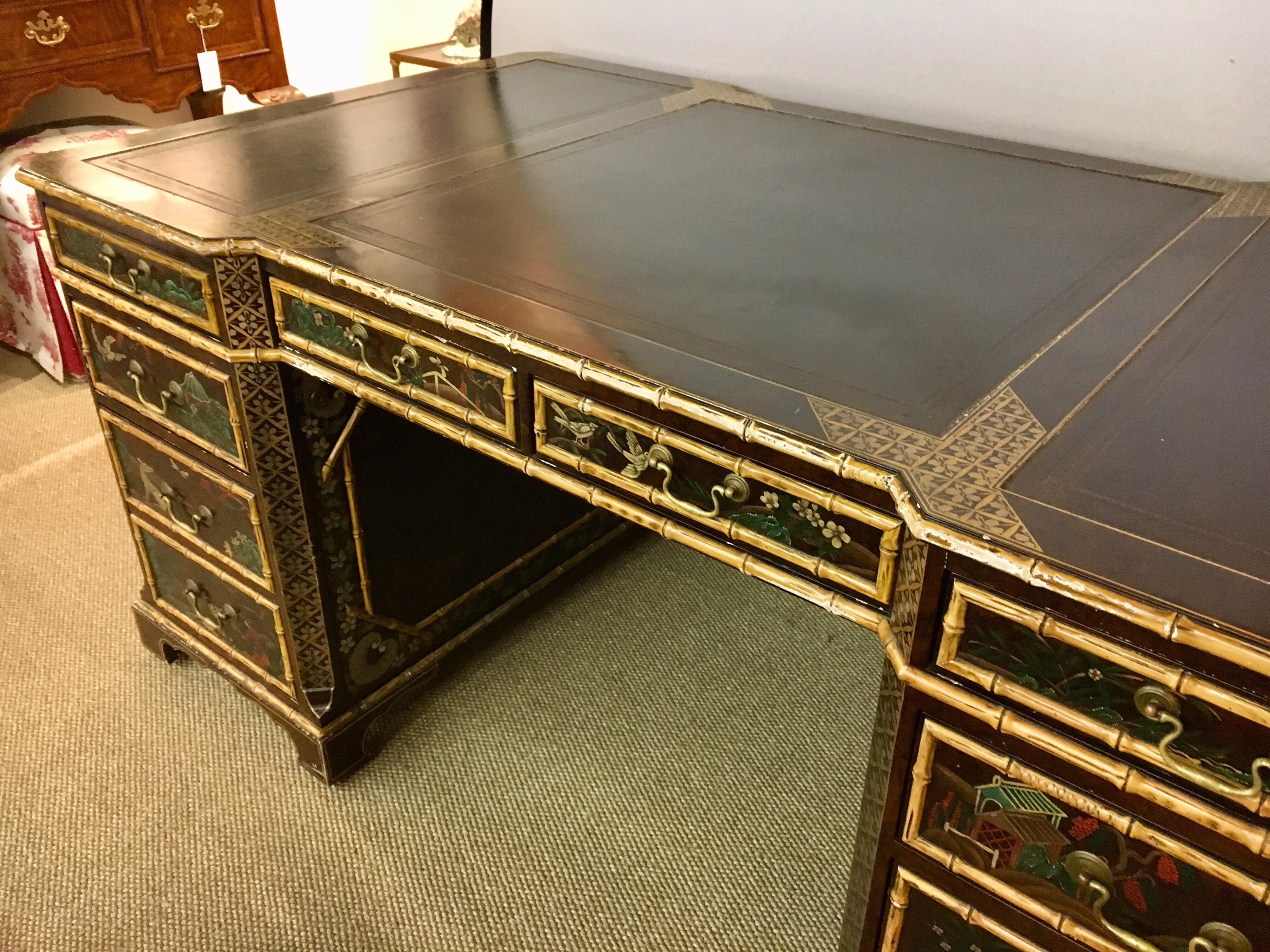 American John Widdicomb Chinoiserie Partners Desk Hand Painted Leather Top