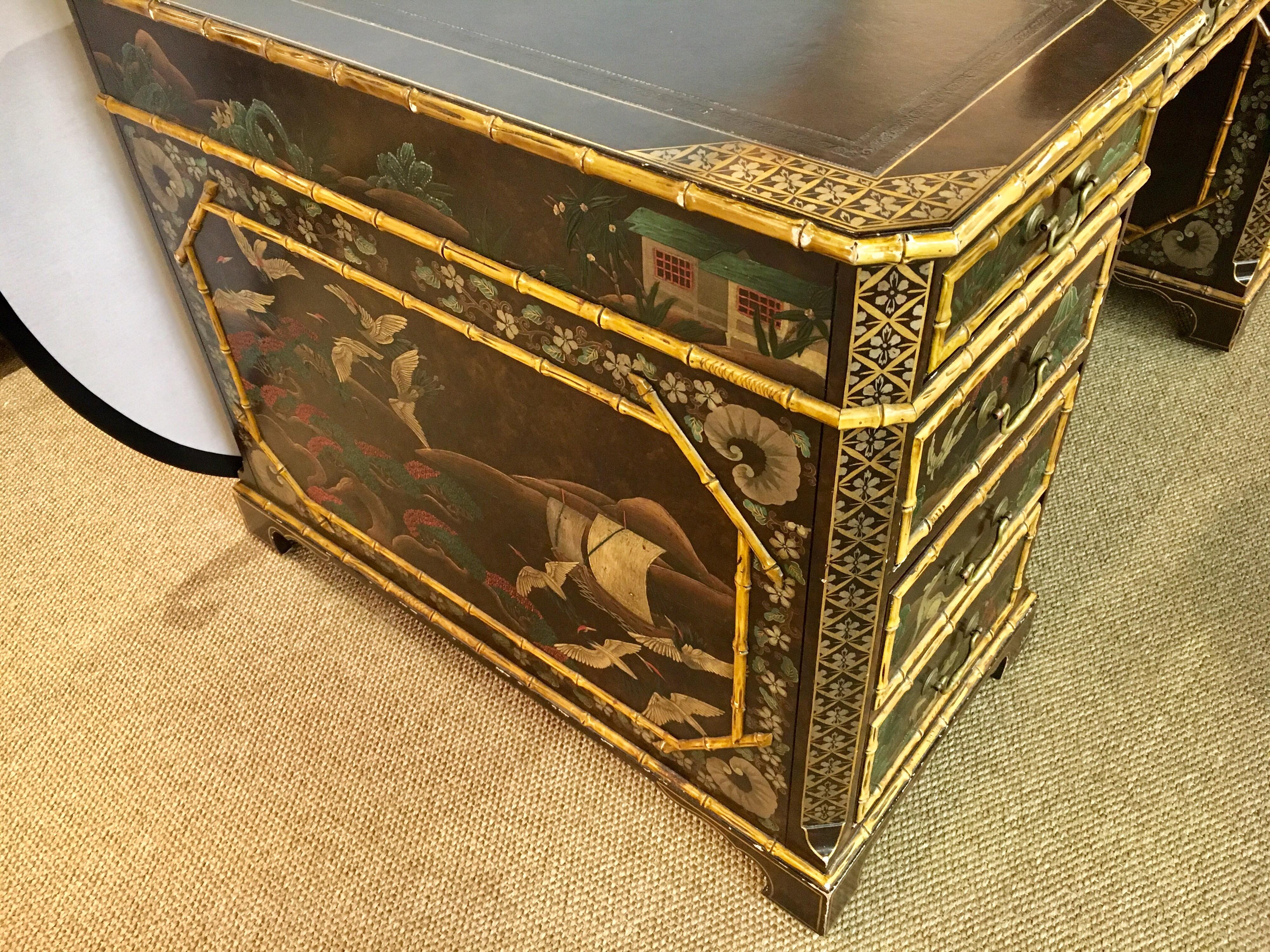 John Widdicomb Chinoiserie Partners Desk Hand Painted Leather Top In Good Condition In West Hartford, CT