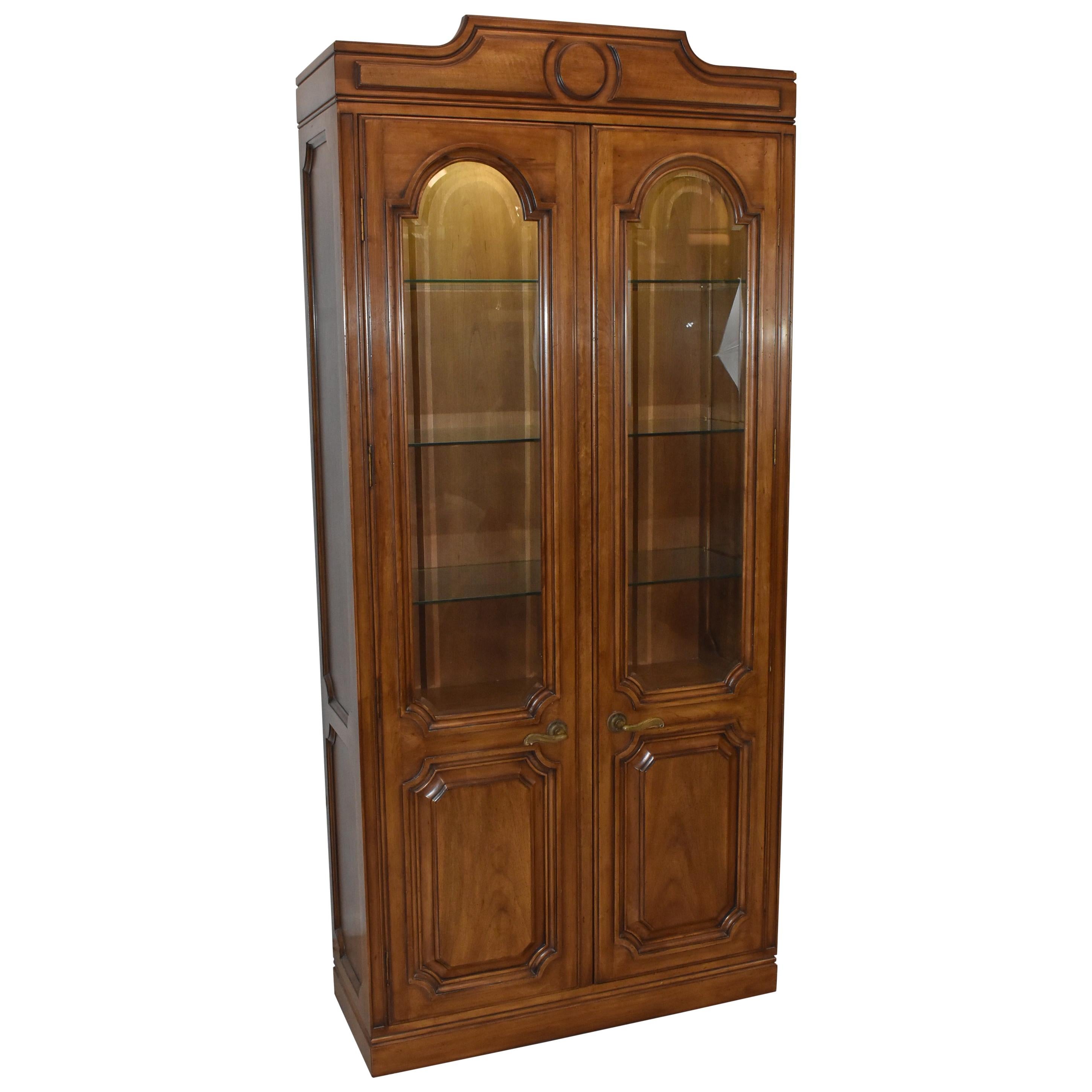 John Widdicomb Provincial Style Pecan Lighted Two-Door Curio Cabinet