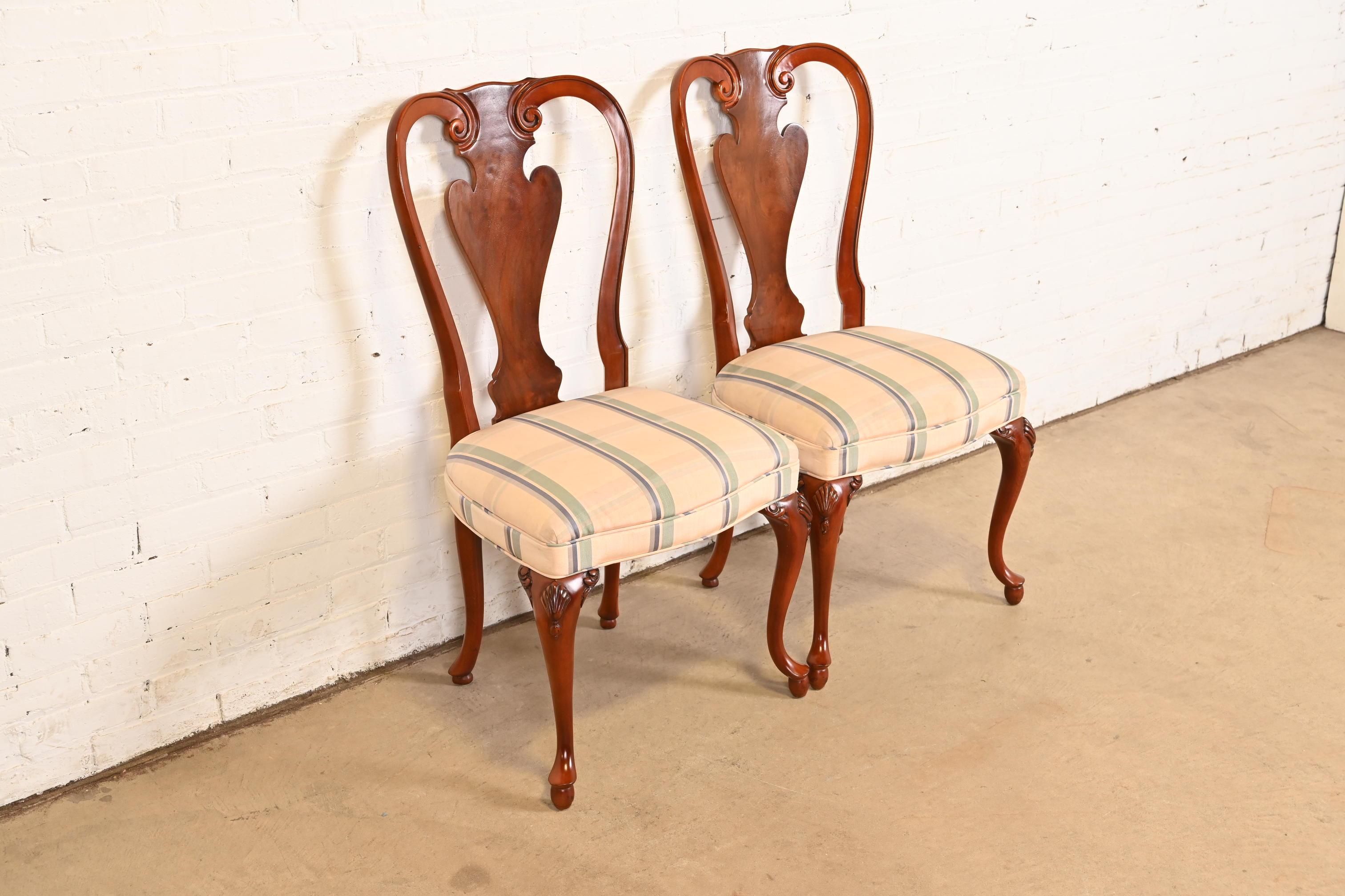 Une paire exceptionnelle de chaises de salle à manger de style Queen Anne ou Georgien

Par John Widdicomb

États-Unis, fin du 20e siècle

Piétements en acajou sculpté, sièges rembourrés.

Dimensions : 21 