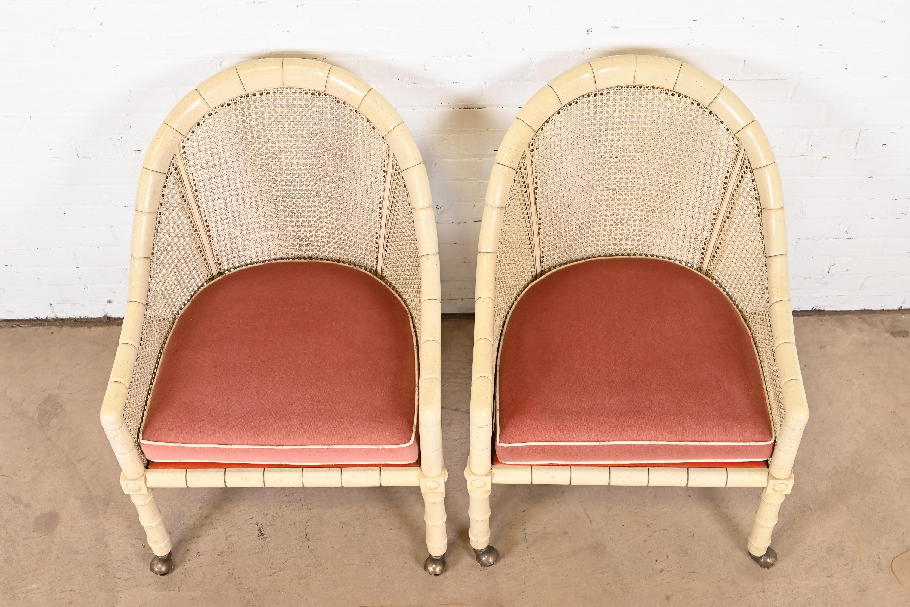Upholstery John Widdicomb Regency Faux Bamboo and Cane Club Chairs, Pair