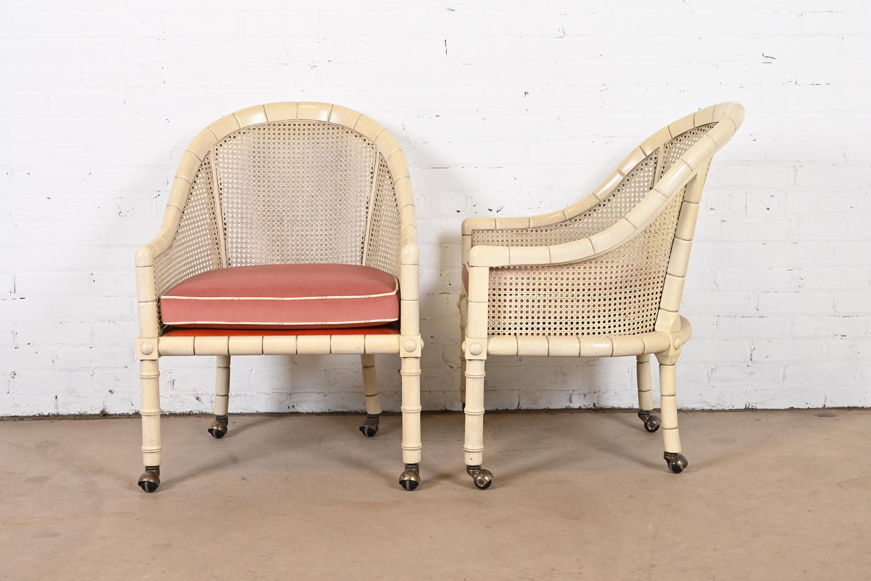 John Widdicomb Regency Faux Bamboo and Cane Club Chairs, Pair 1