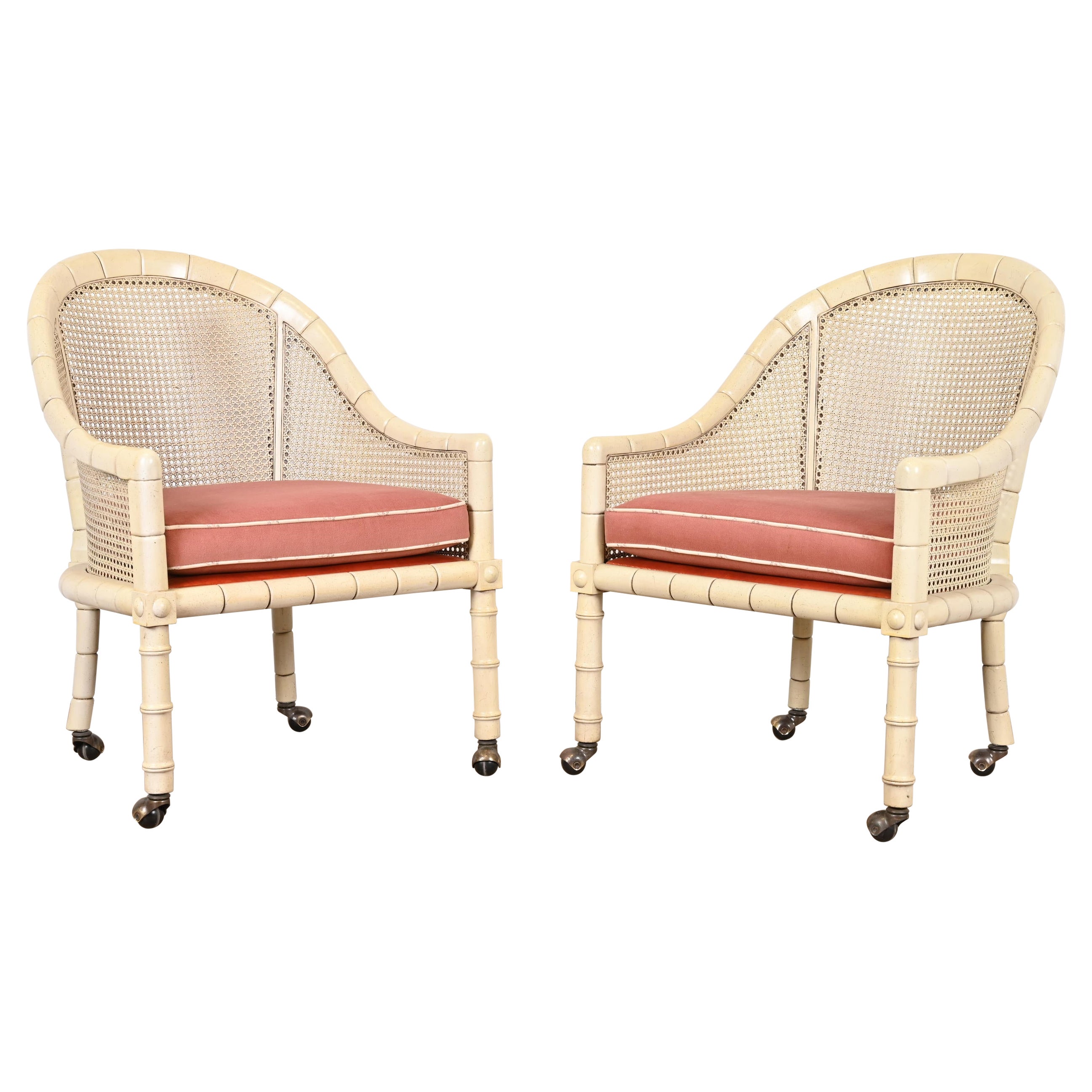 John Widdicomb Regency Faux Bamboo and Cane Club Chairs, Pair