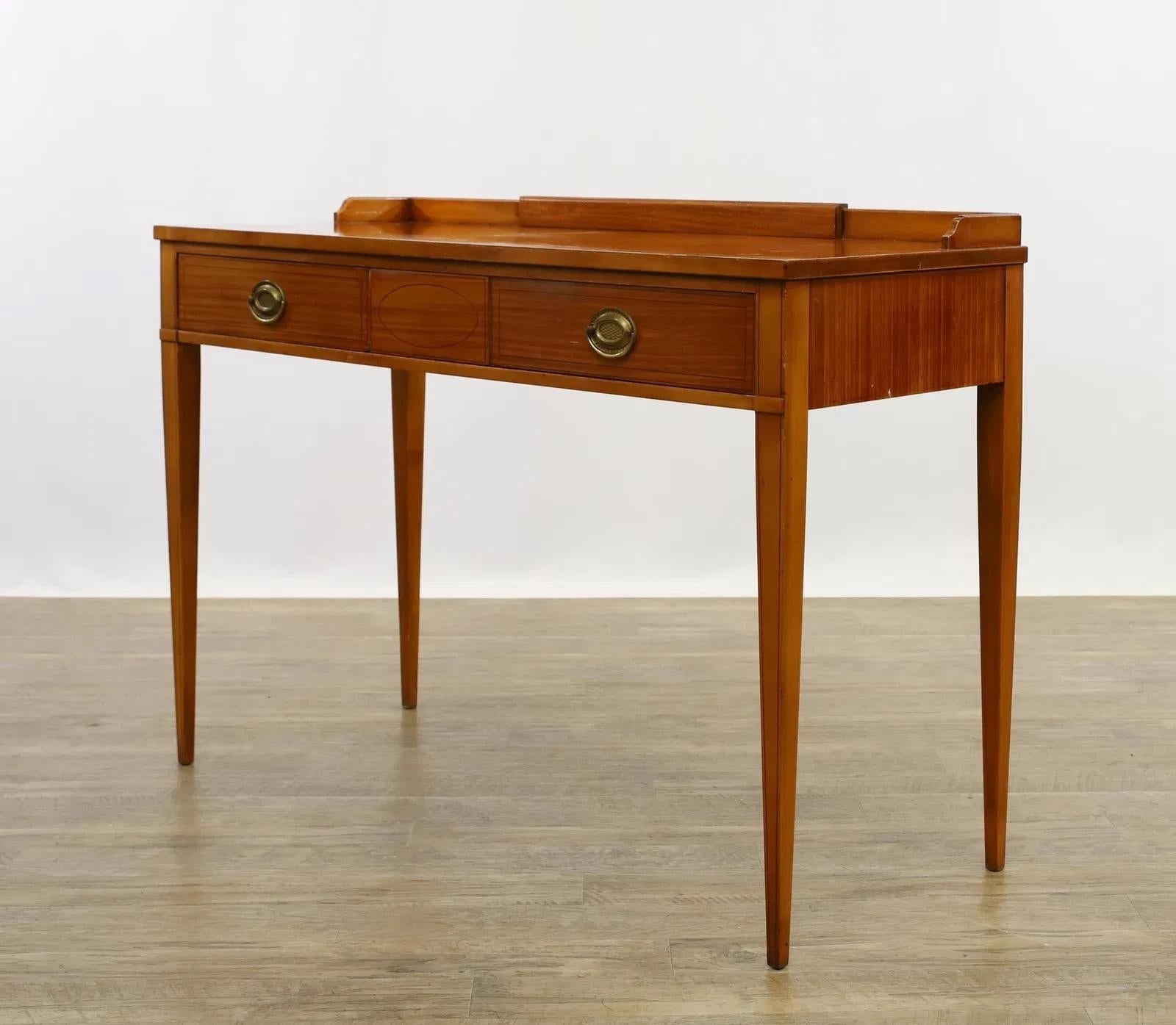 Mid-Century Modern John Widdicomb Satinwood Vanity With Cheval Mirror and Upholstered Bench