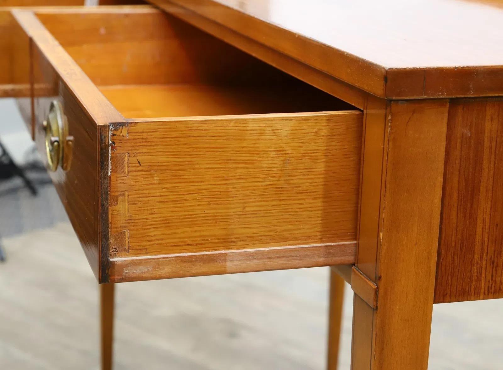 John Widdicomb Satinwood Vanity With Cheval Mirror and Upholstered Bench 1