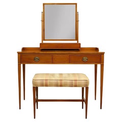 John Widdicomb Satinwood Vanity With Cheval Mirror and Upholstered Bench