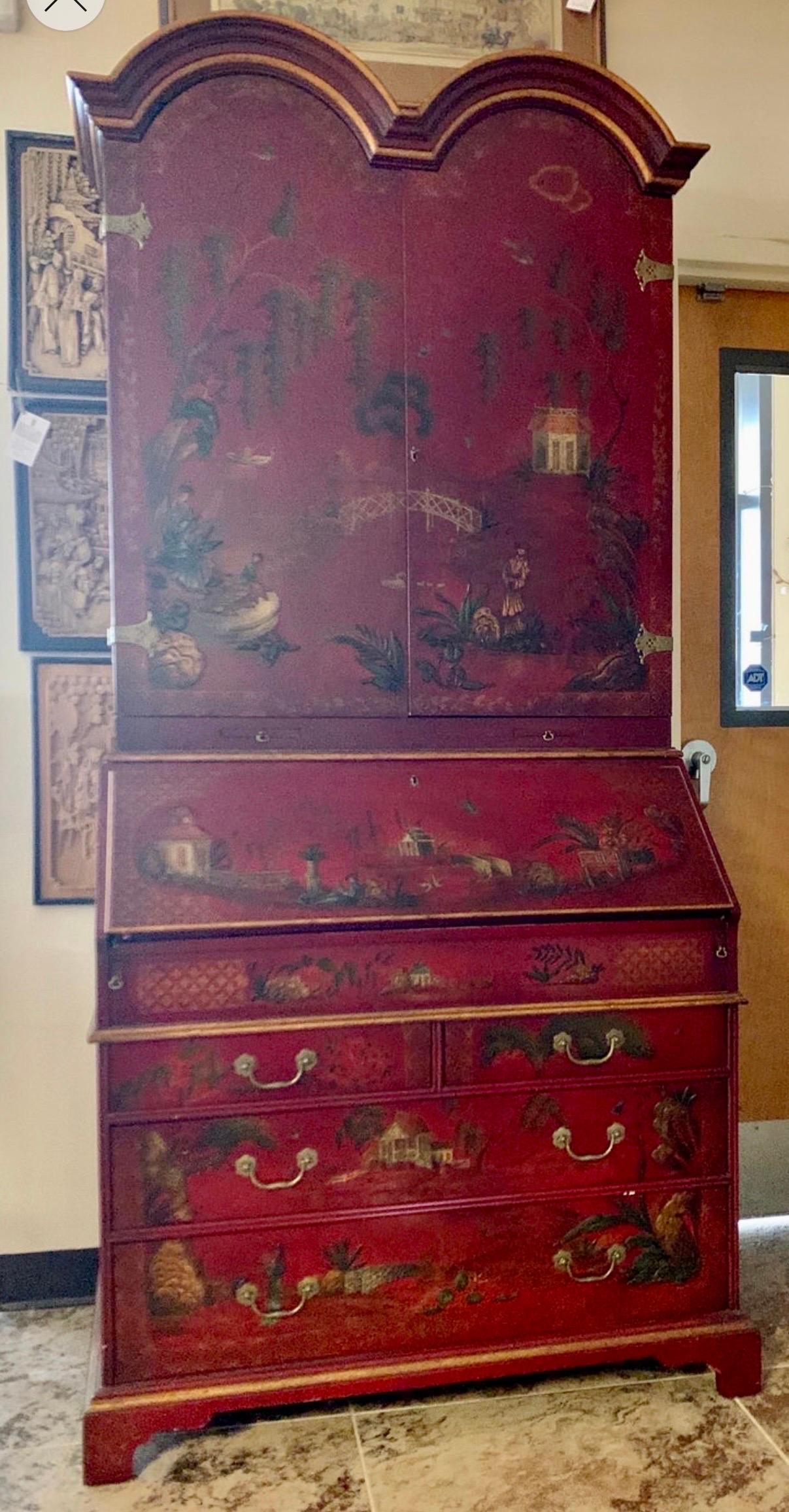 American John Widdicomb Signed Red Chinoiserie Secretary Secretaire Desk