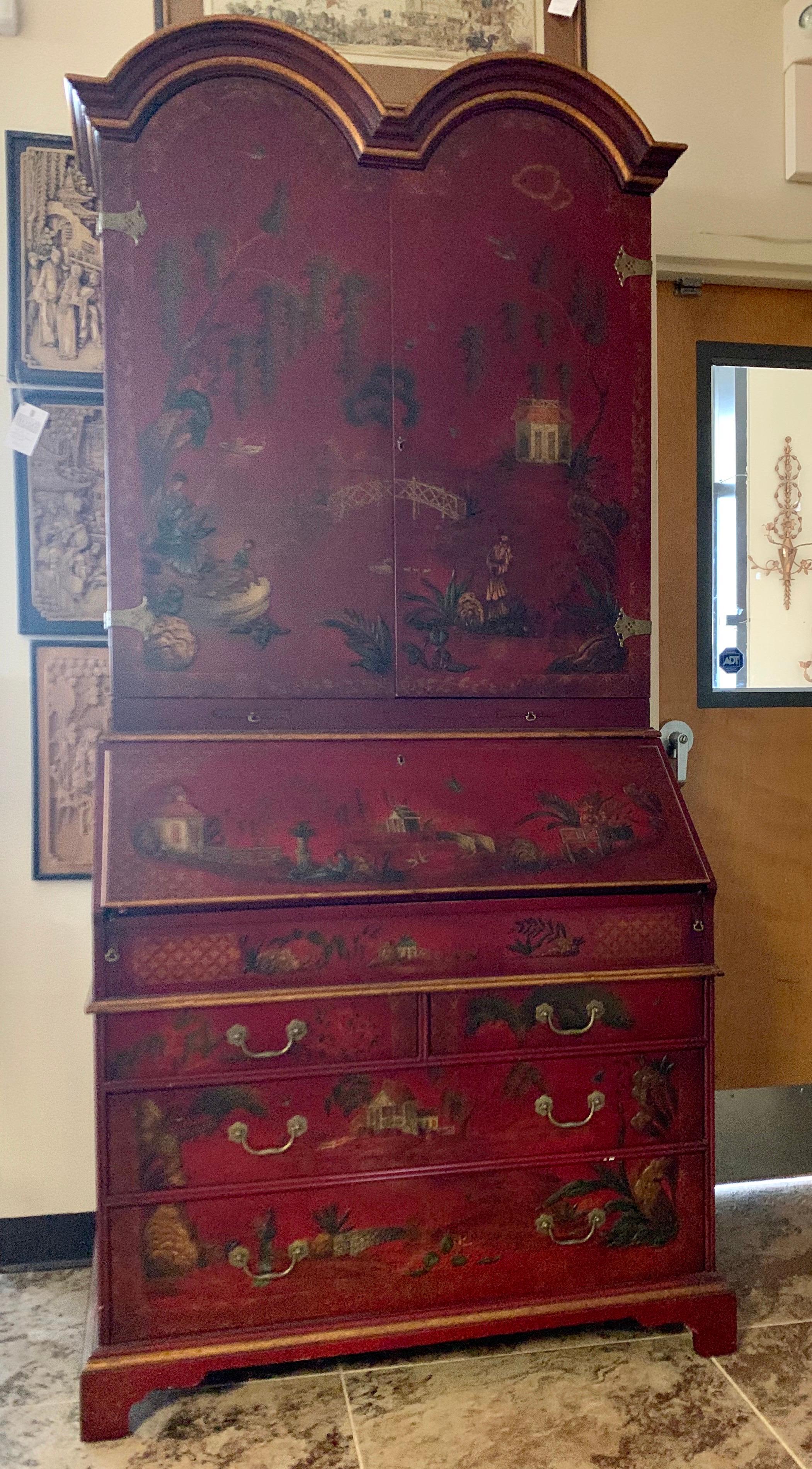 John Widdicomb Signed Red Chinoiserie Secretary Secretaire Desk In Good Condition In West Hartford, CT